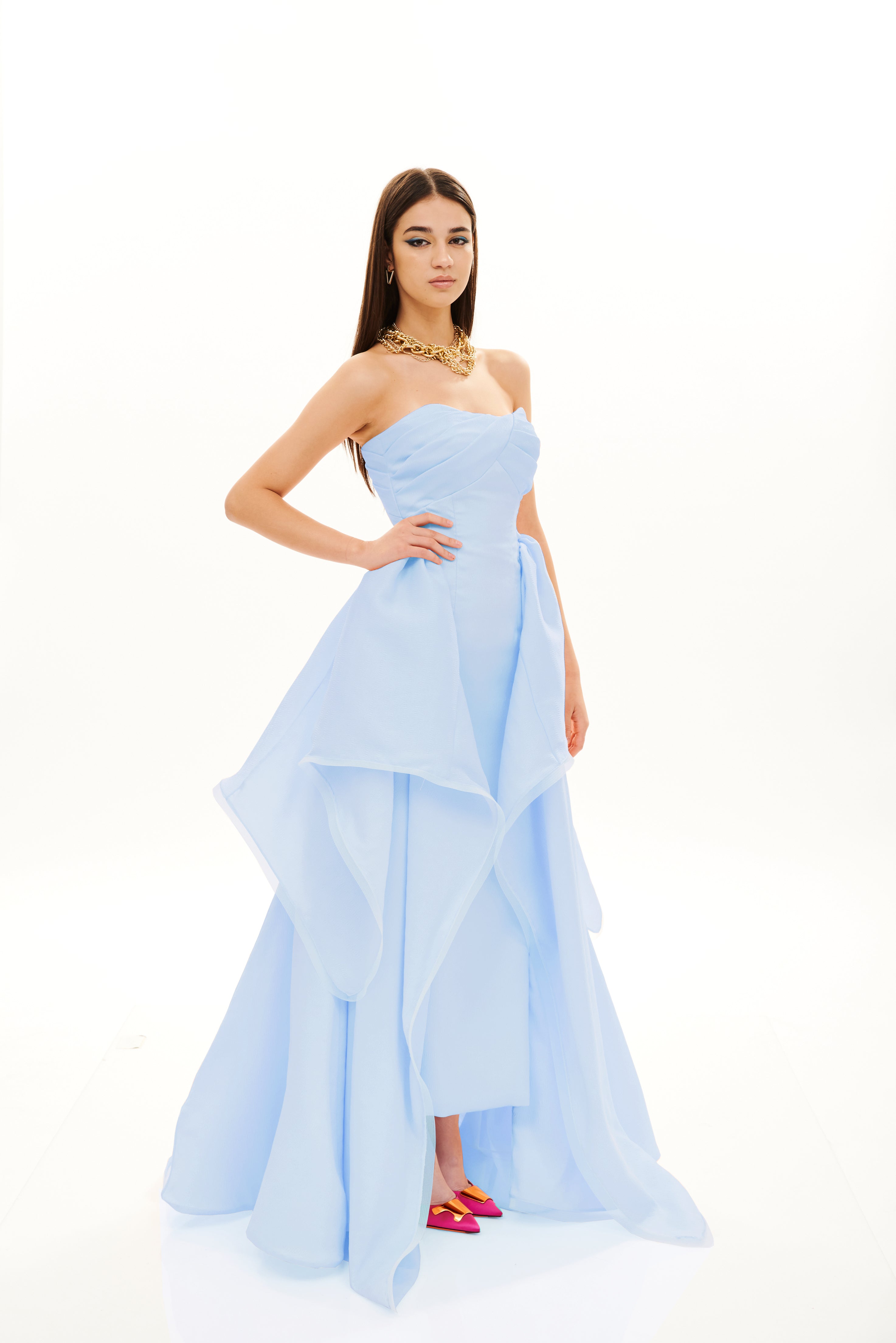 WATERFALL BUSTIER PLEAT GOWN