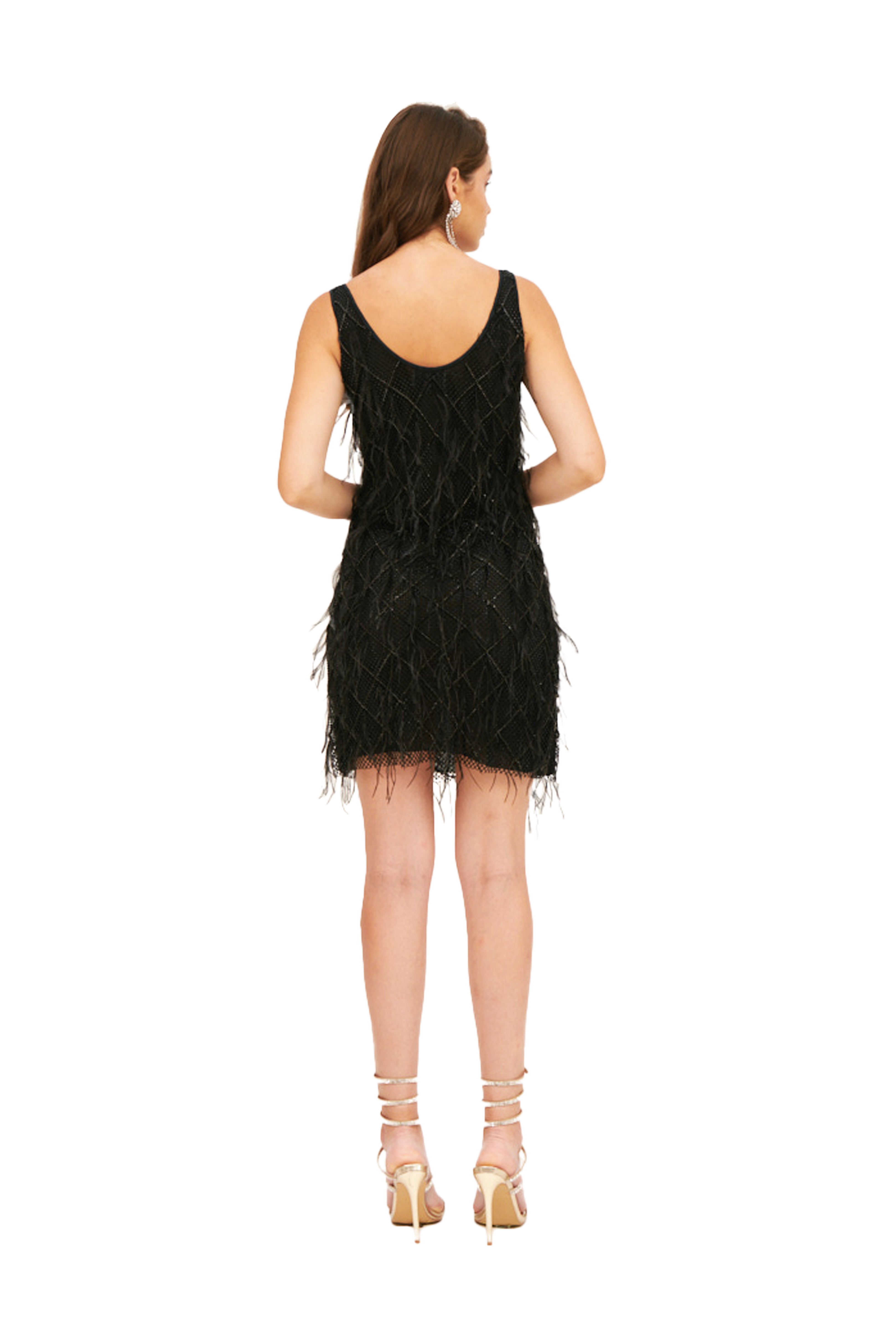 CRYSTAL FEATHERS ROUND NECK MINI DRESS