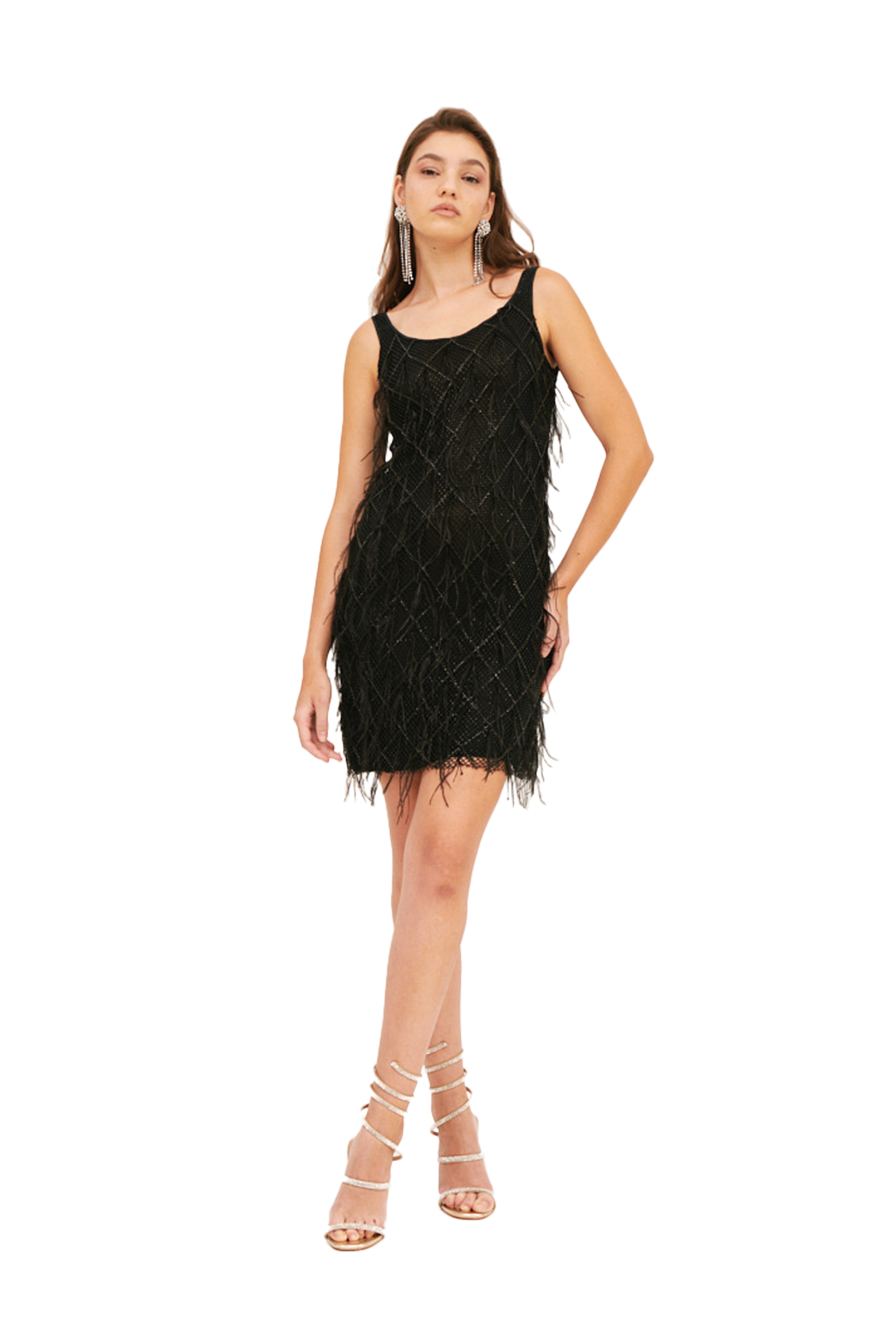 CRYSTAL FEATHERS ROUND NECK MINI DRESS
