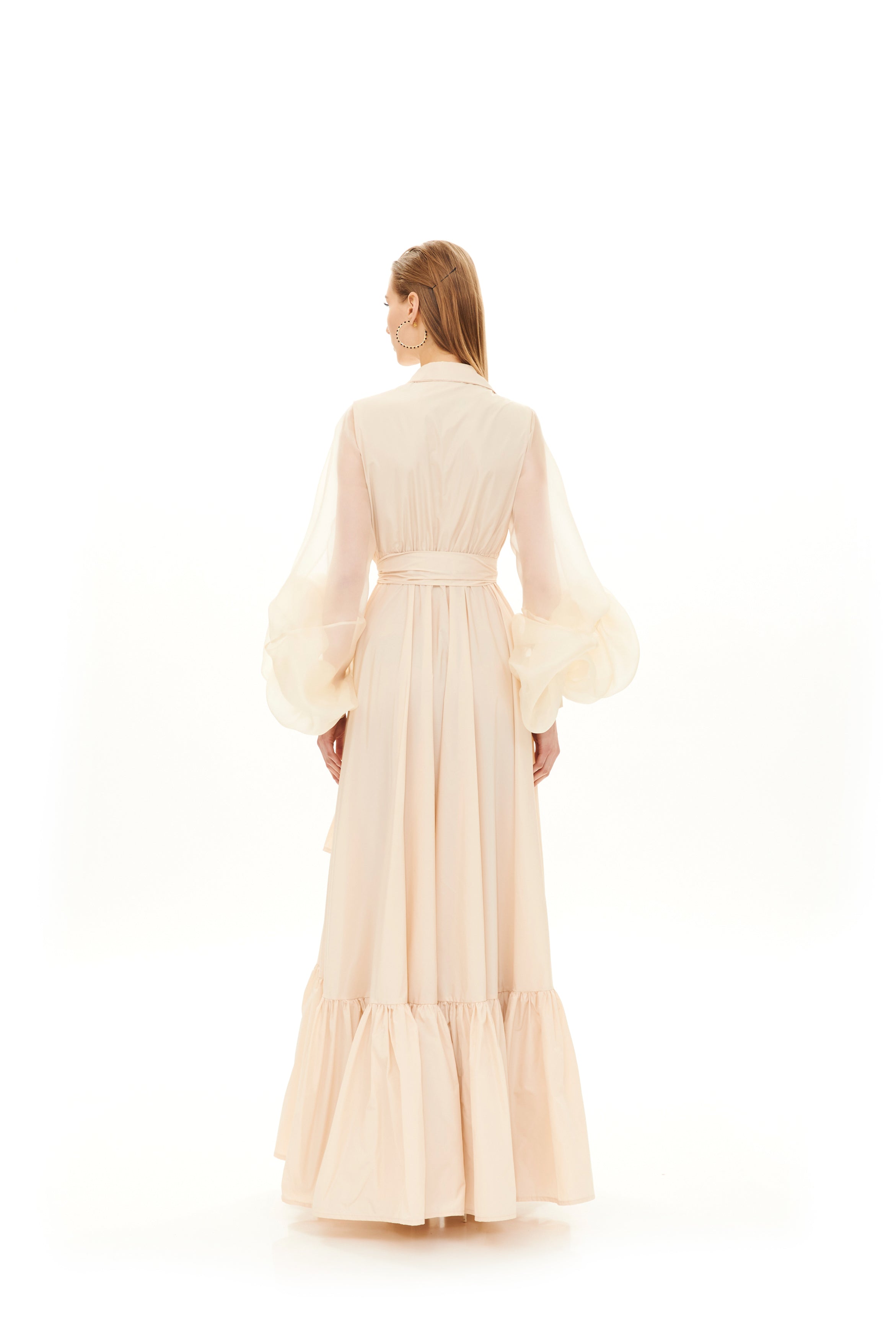 MAXI RUFFLE CHEMISIER WITH KNOTTED SLEEVES