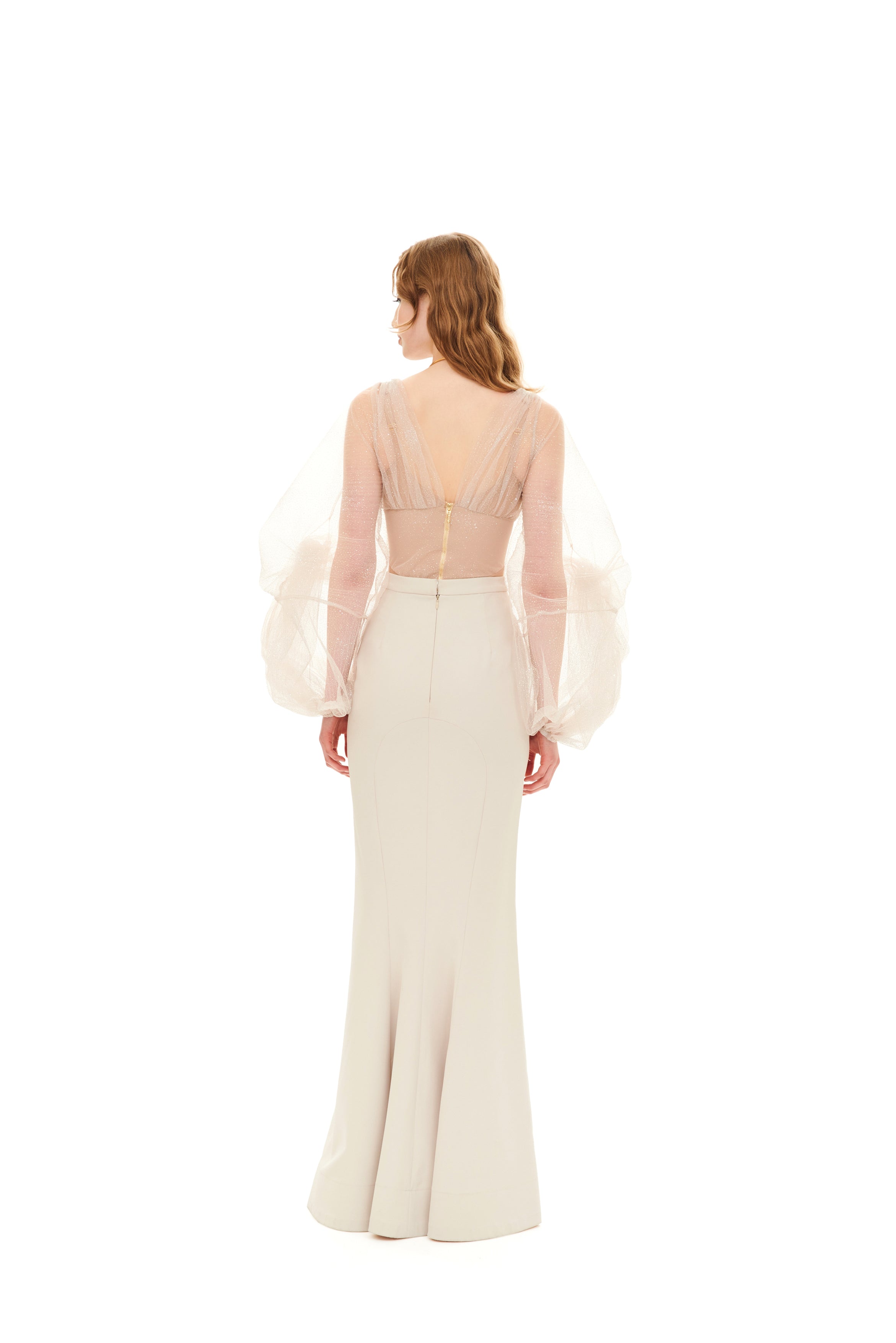 DRAPED GLITTER DRESS WITH KNOTTED SLEEVES