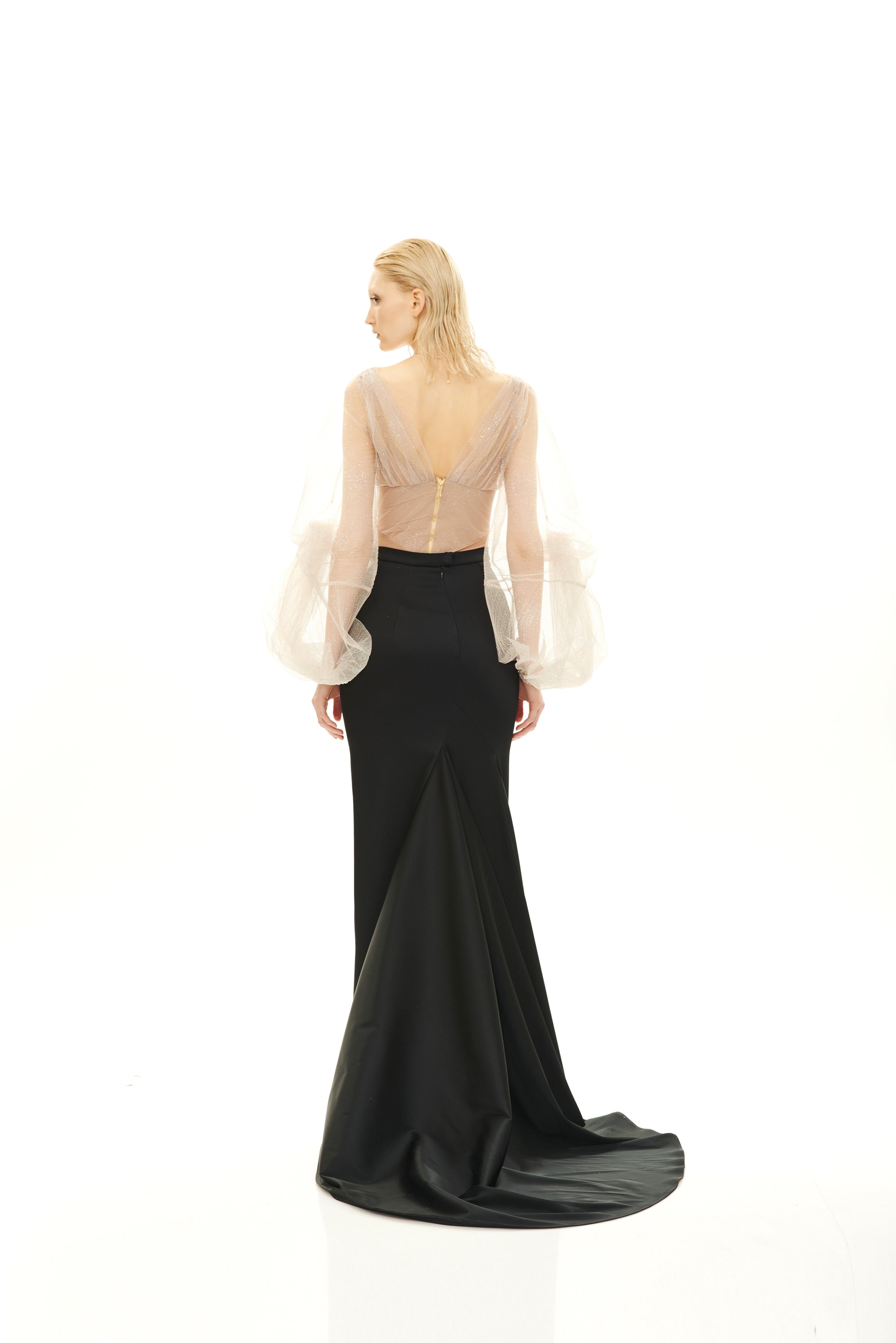 DRAPED GLITTER DRESS WITH KNOTTED SLEEVES
