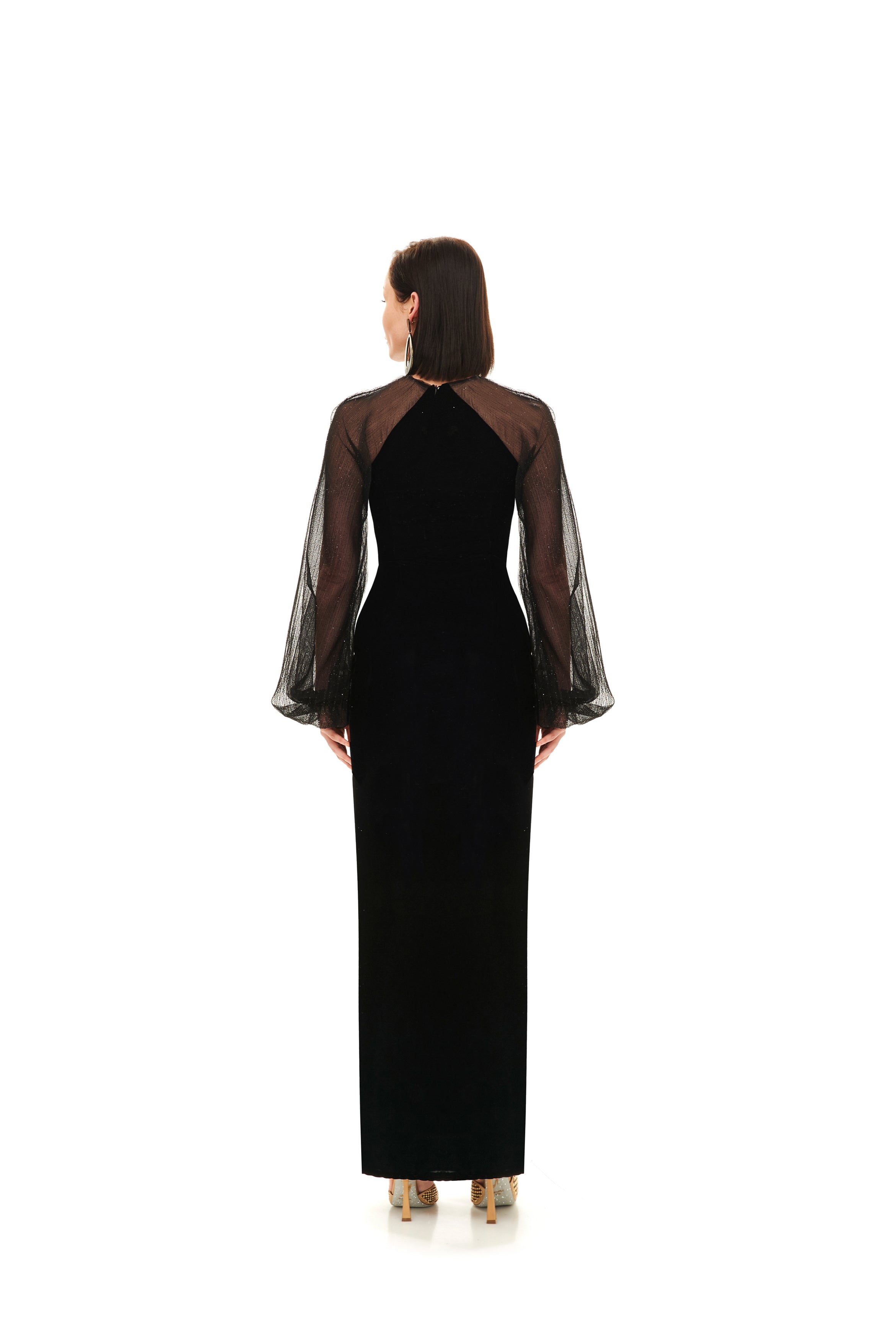 COLUMN MAXI DRESS WITH GLITTERED PLEATED SLEEVE