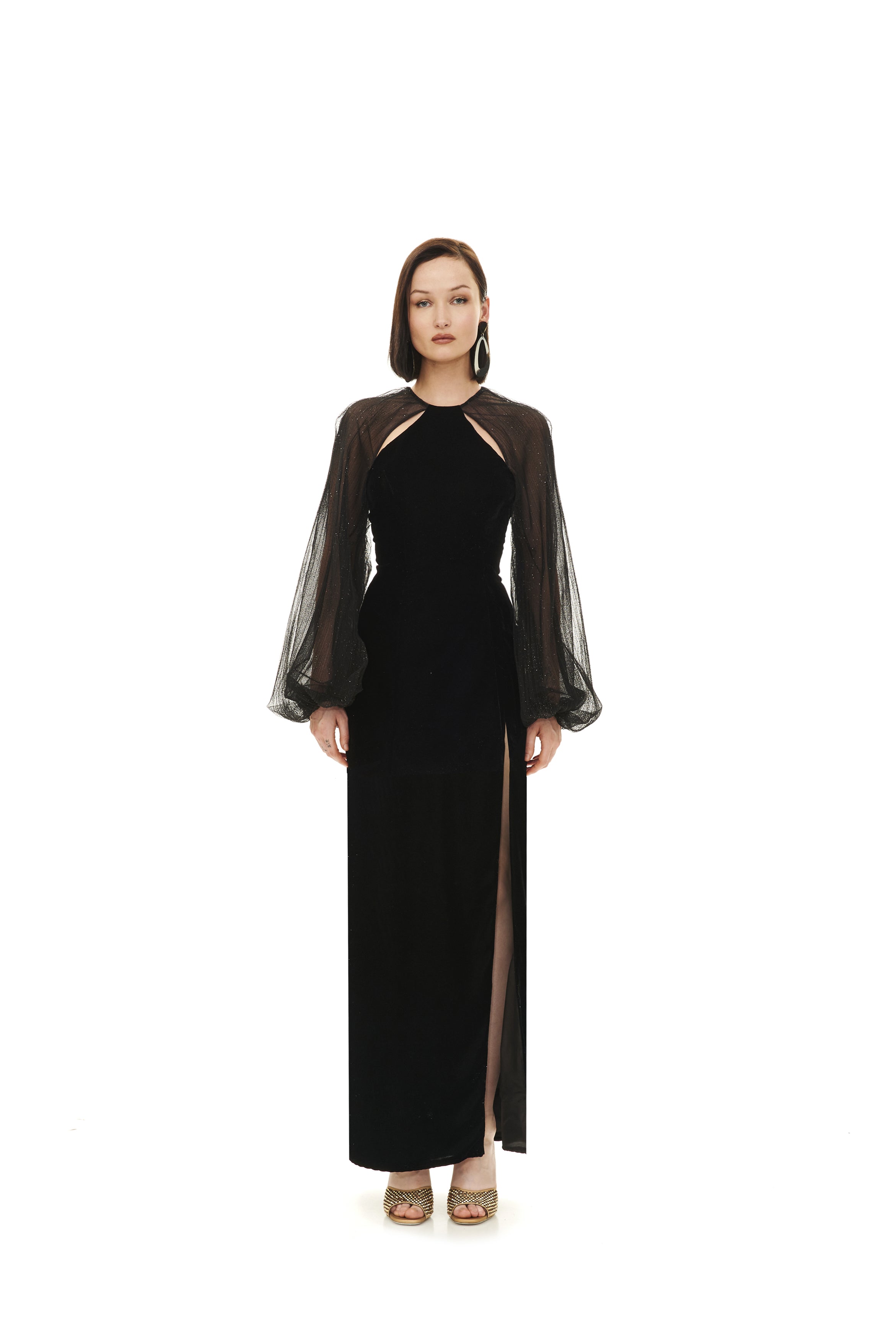 COLUMN MAXI DRESS WITH GLITTERED PLEATED SLEEVE
