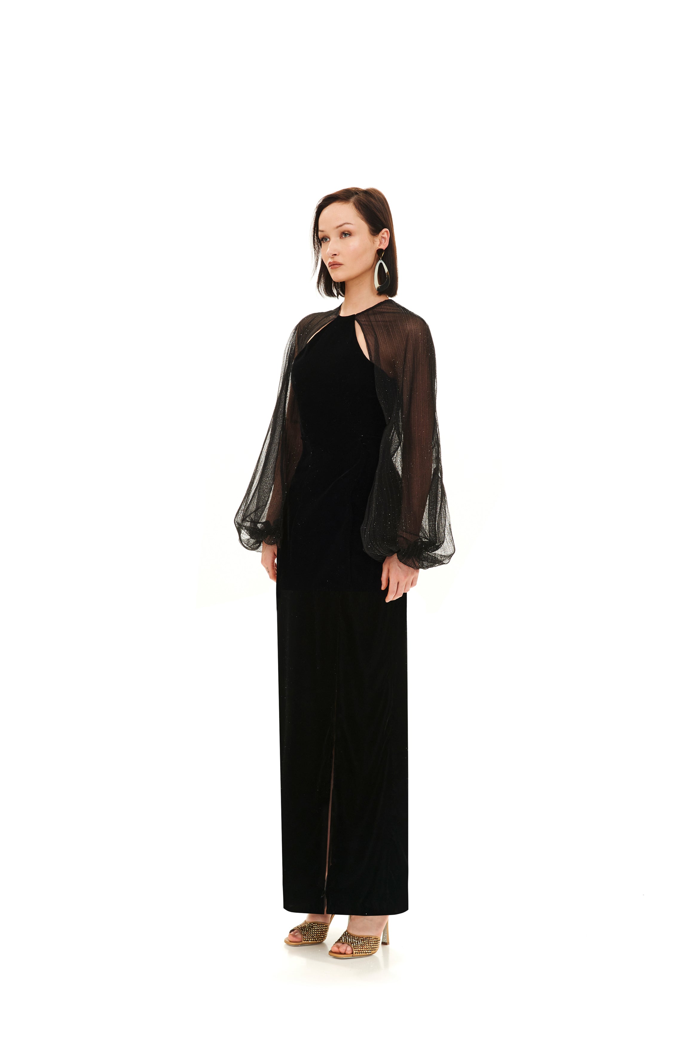 COLUMN MAXI DRESS WITH GLITTERED PLEATED SLEEVE