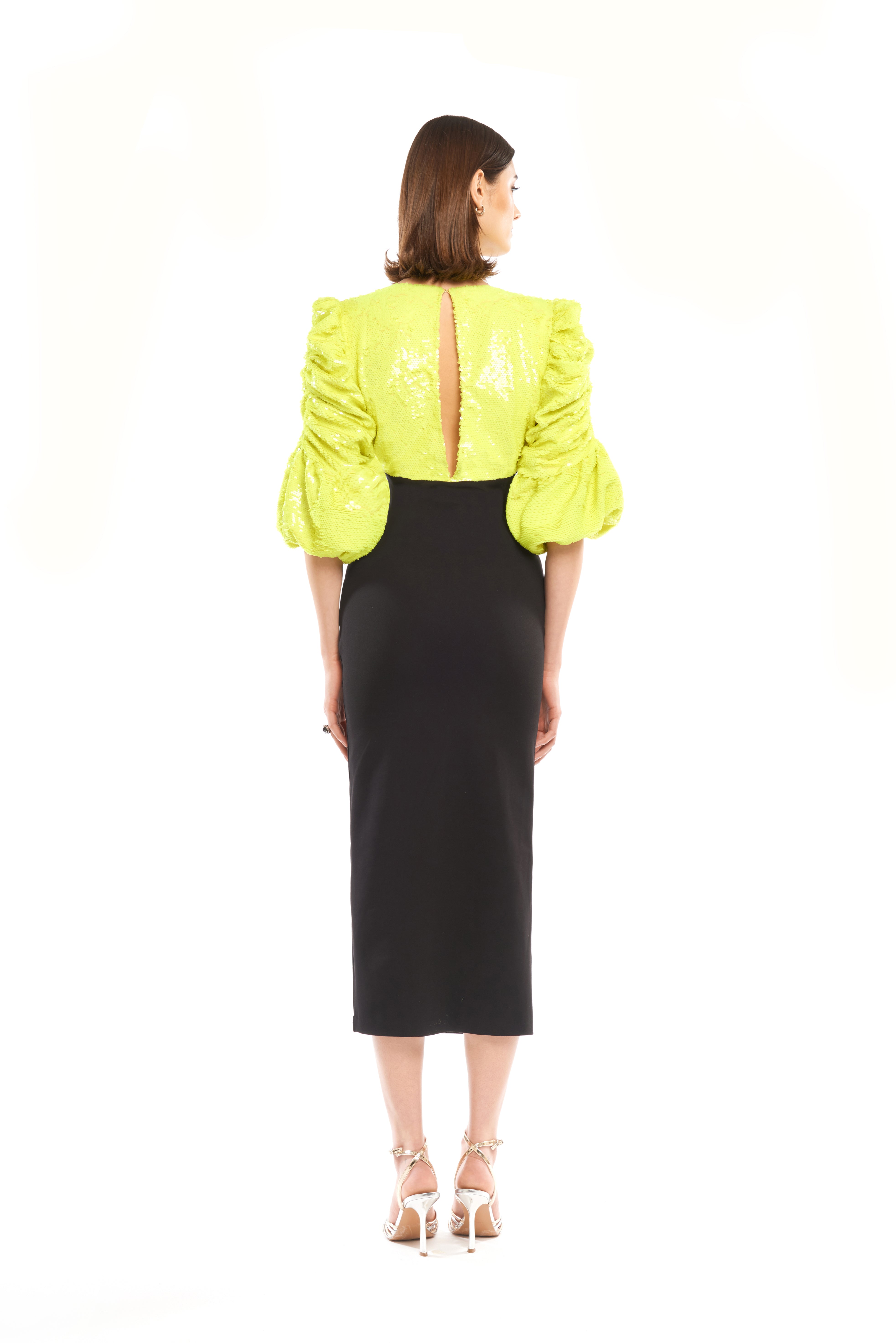 V-NECK SEQUINNED MIDI DRESS WITH PLEATED SLEEVES