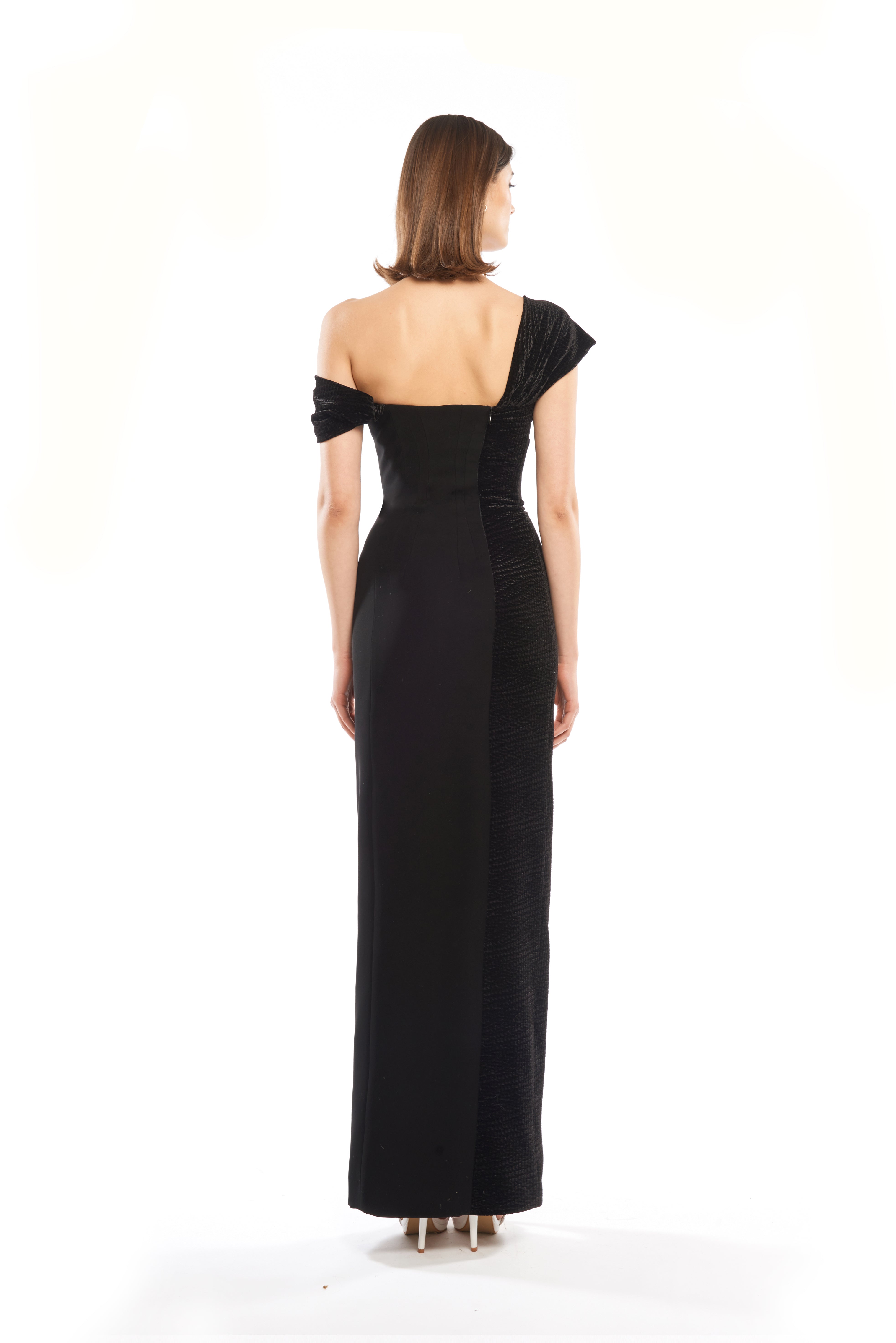 ASYMMETRIC DRAPED COLUMN DRESS WITH SIDE SLIT