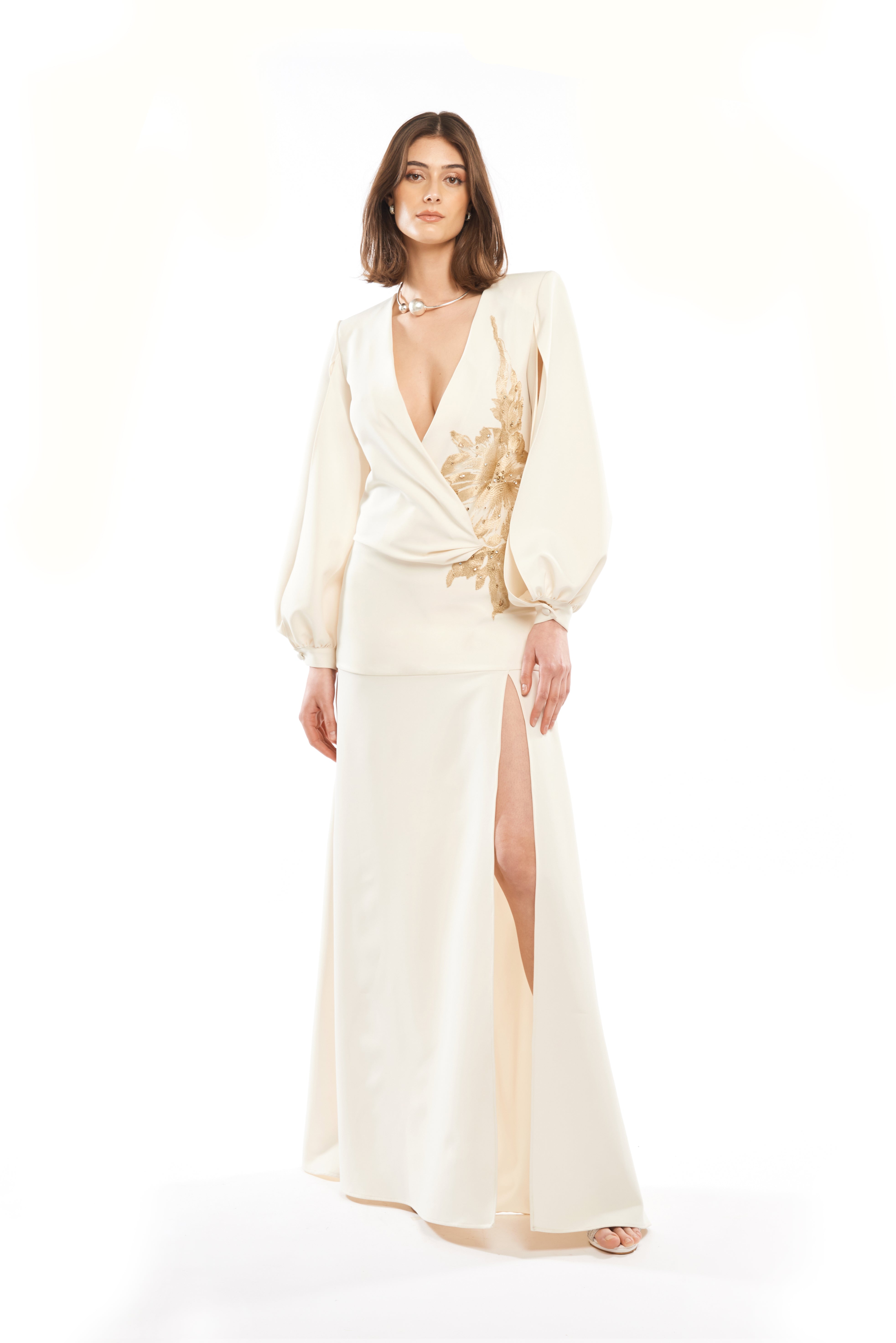 V-NECK PLEATED EMBROIDERED CHEMISIER WITH DROP WAIST