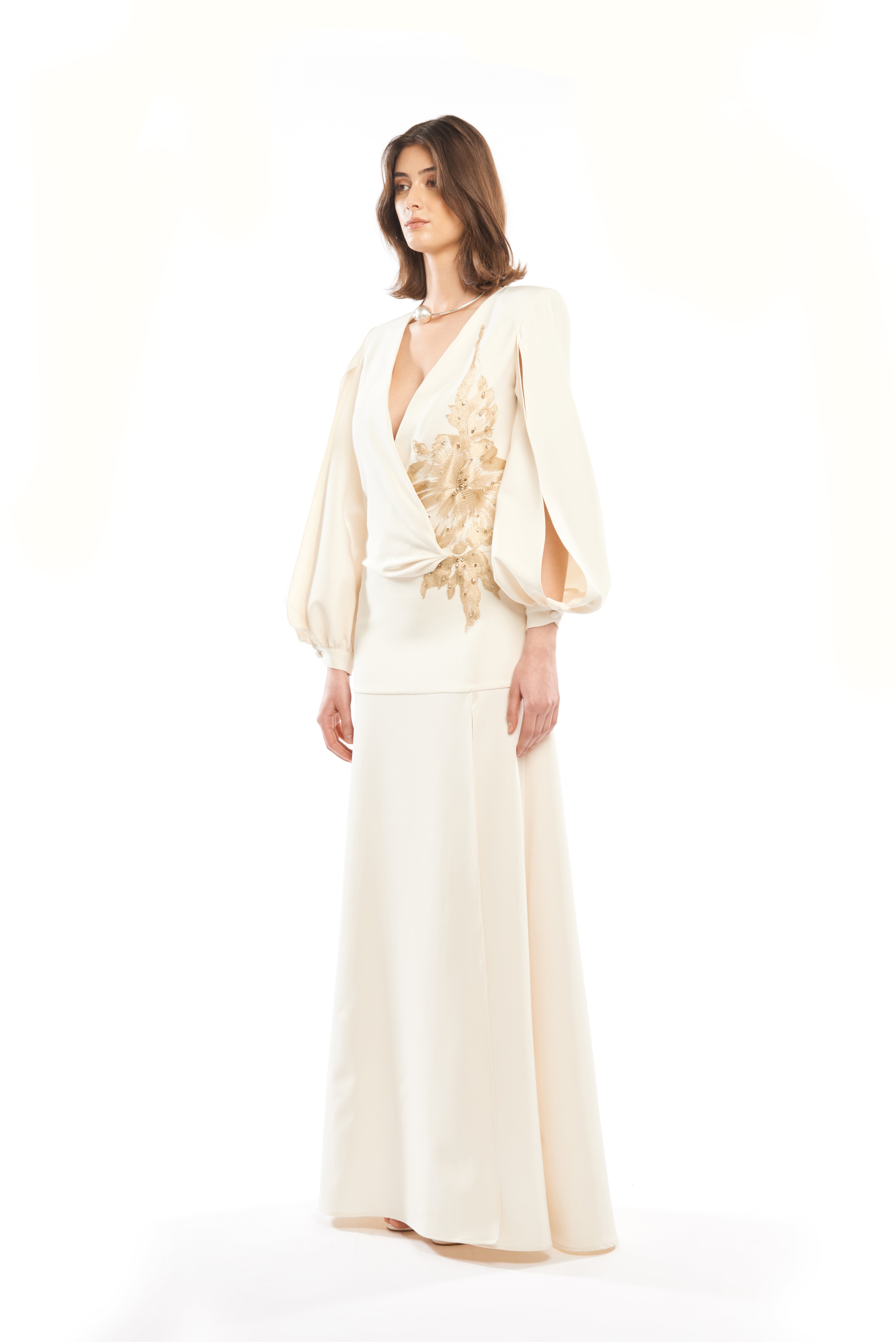 V-NECK PLEATED EMBROIDERED CHEMISIER WITH DROP WAIST