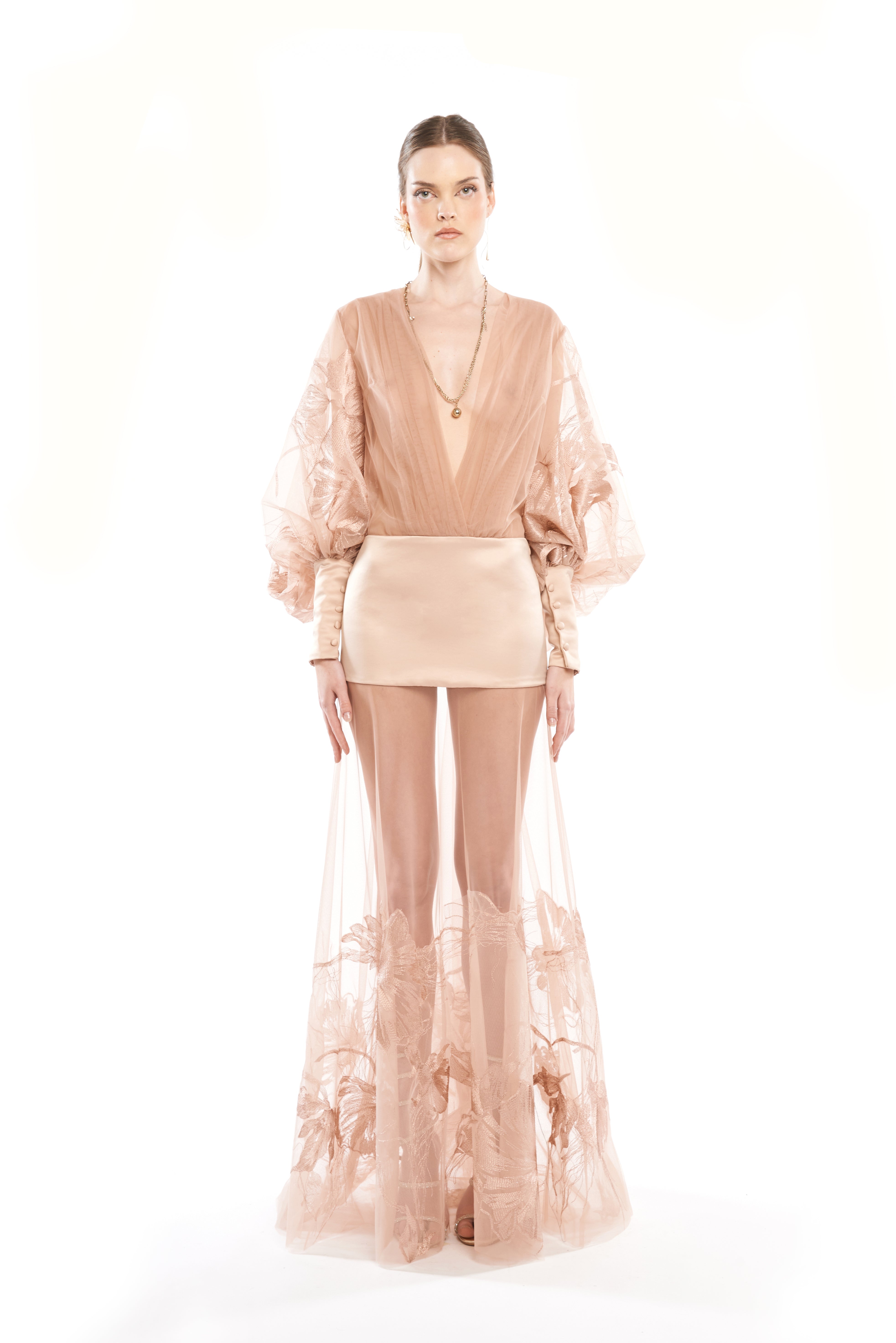 V-NECK PLEATED SHEER CHEMISIER WITH DROP BAND WAIST