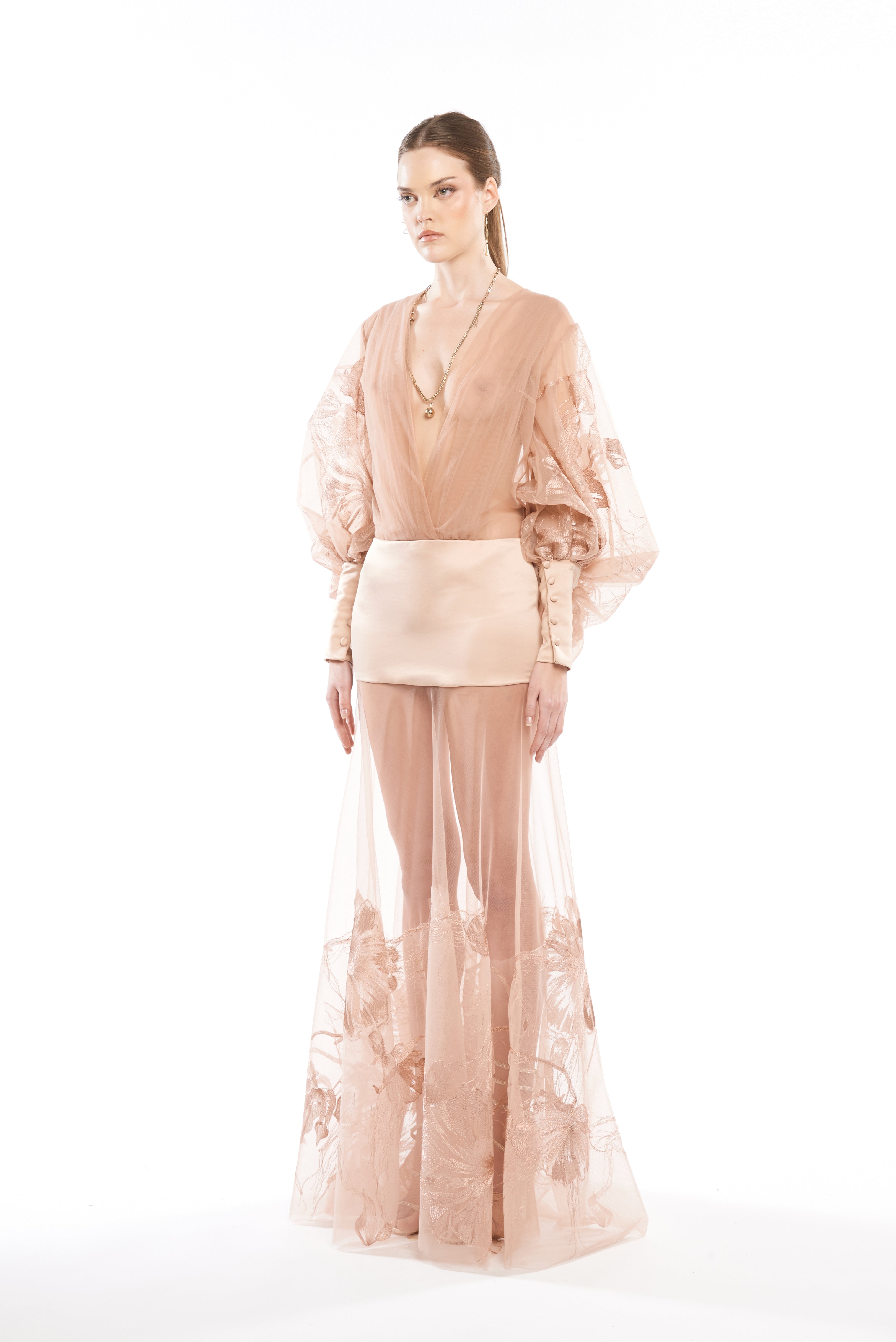 V-NECK PLEATED SHEER CHEMISIER WITH DROP BAND WAIST