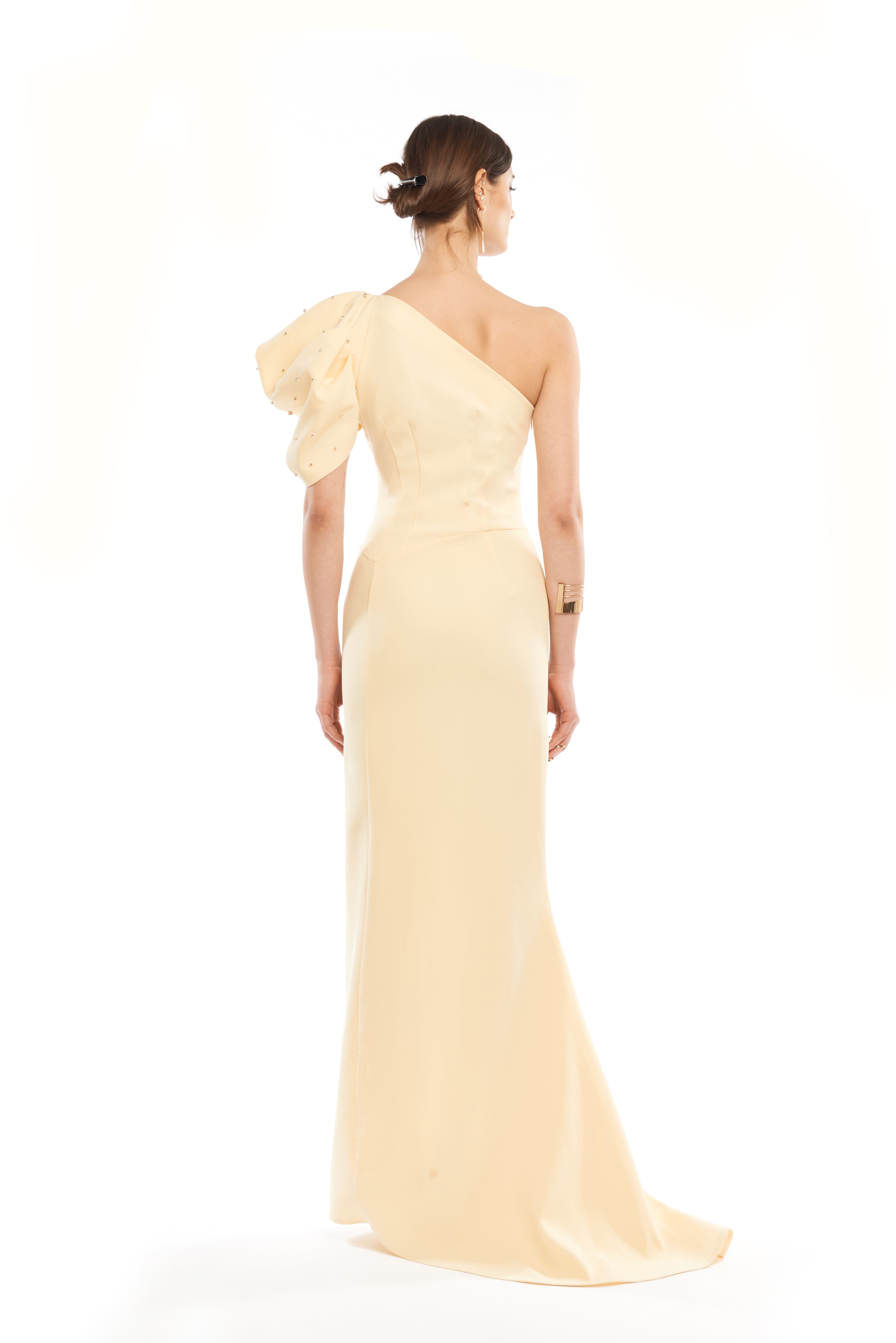 CRYSTAL STUDDED MONOSHOULDER DRESS WITH SIDE SLIT