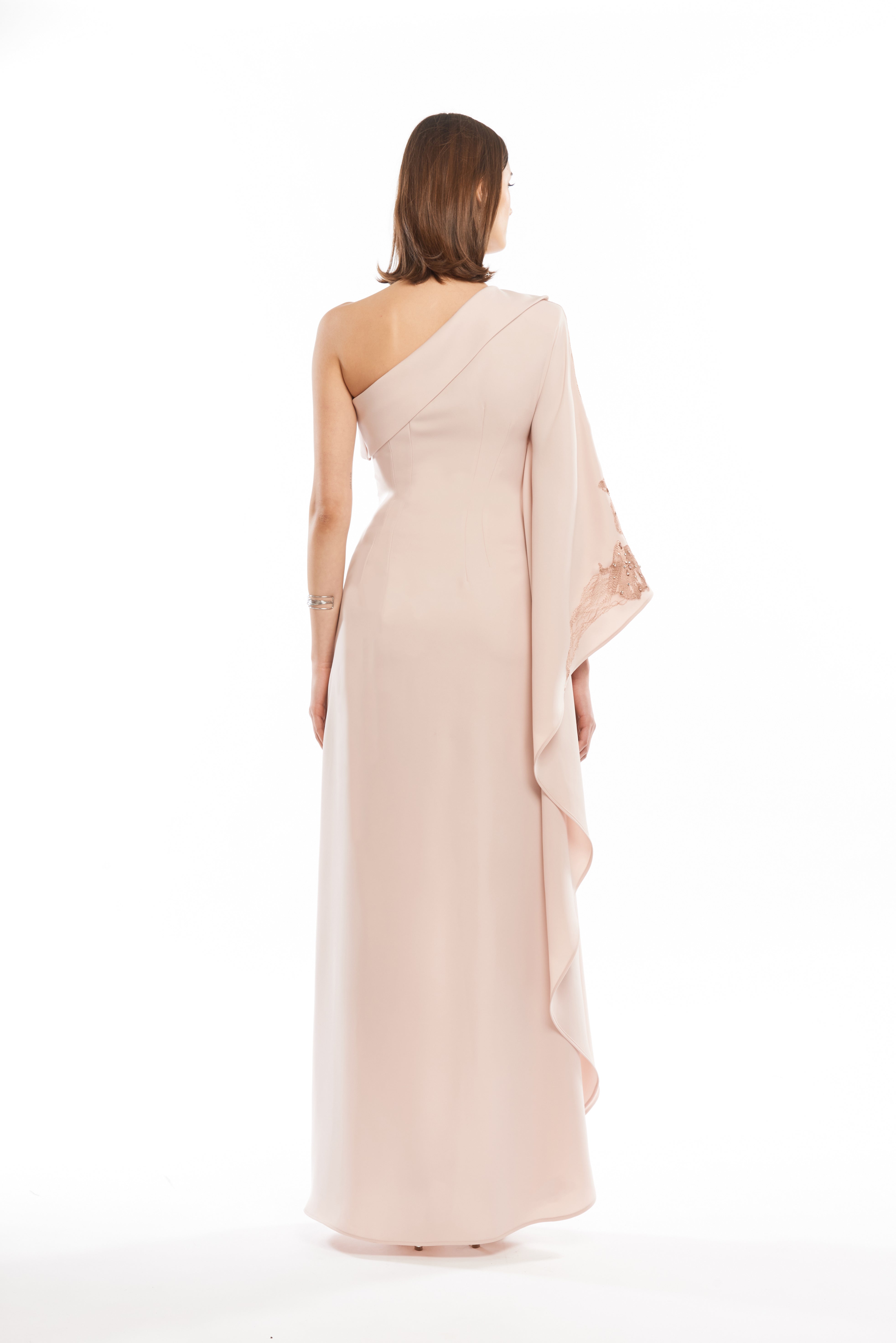 MONOSHOULDER DRAPED ANGEL WING MAXI DRESS WITH EMBELLISHMENT
