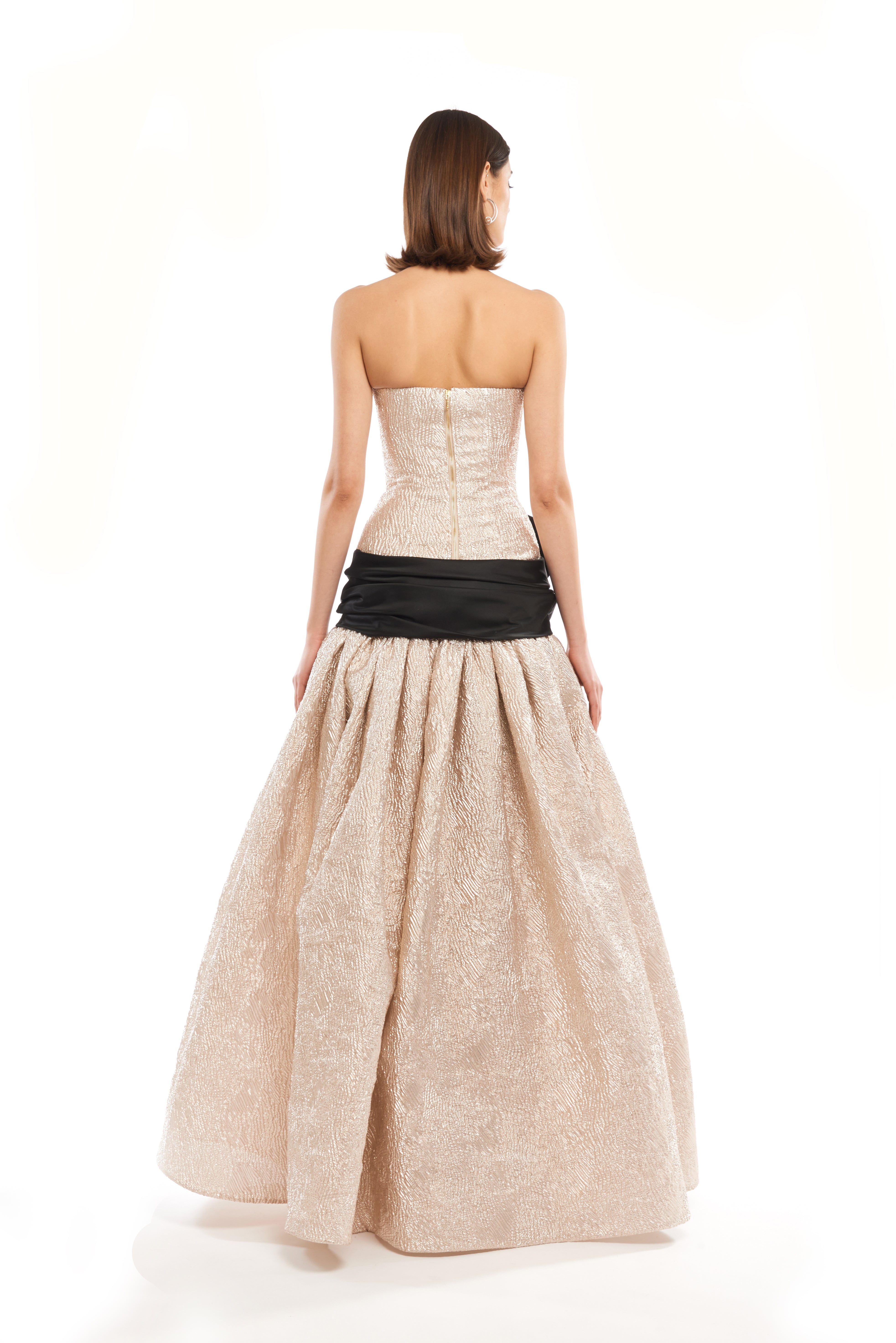 TWEED BUSTIER BALL GOWN WITH BELTED WAIST