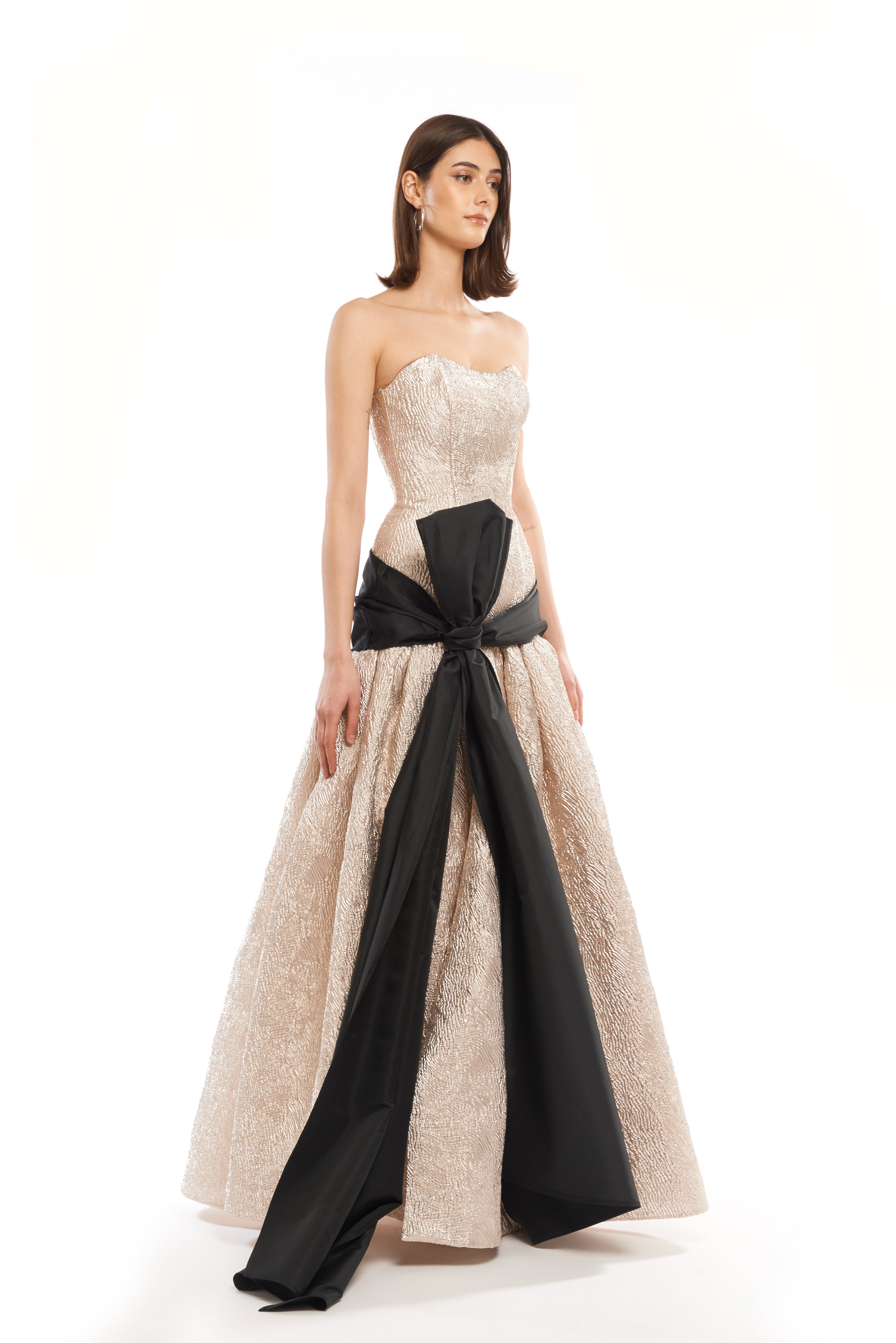 TWEED BUSTIER BALL GOWN WITH BELTED WAIST