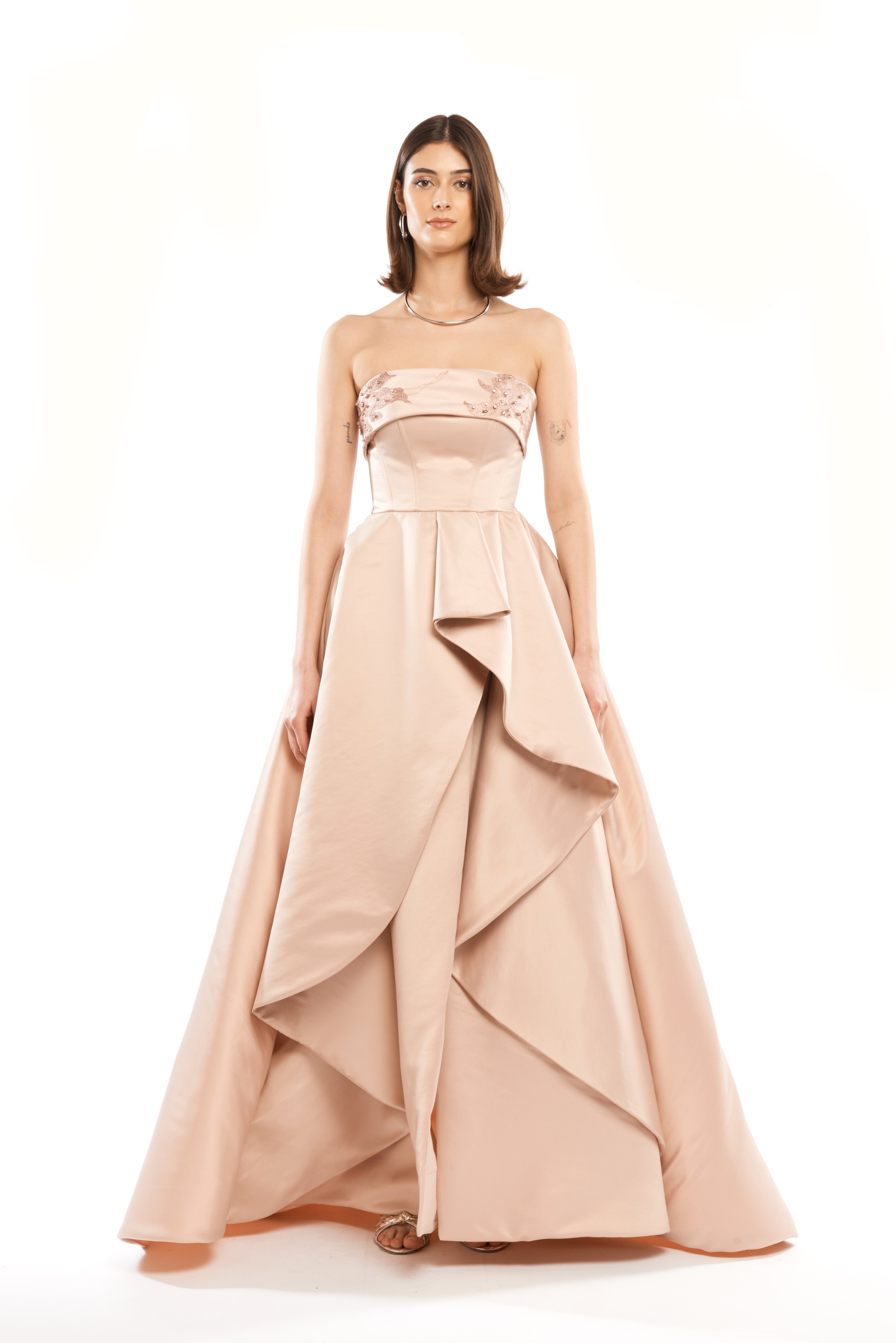EMBELLISHED STRAPLESS BALL GOWN WITH ASYMMETRIC SKIRT