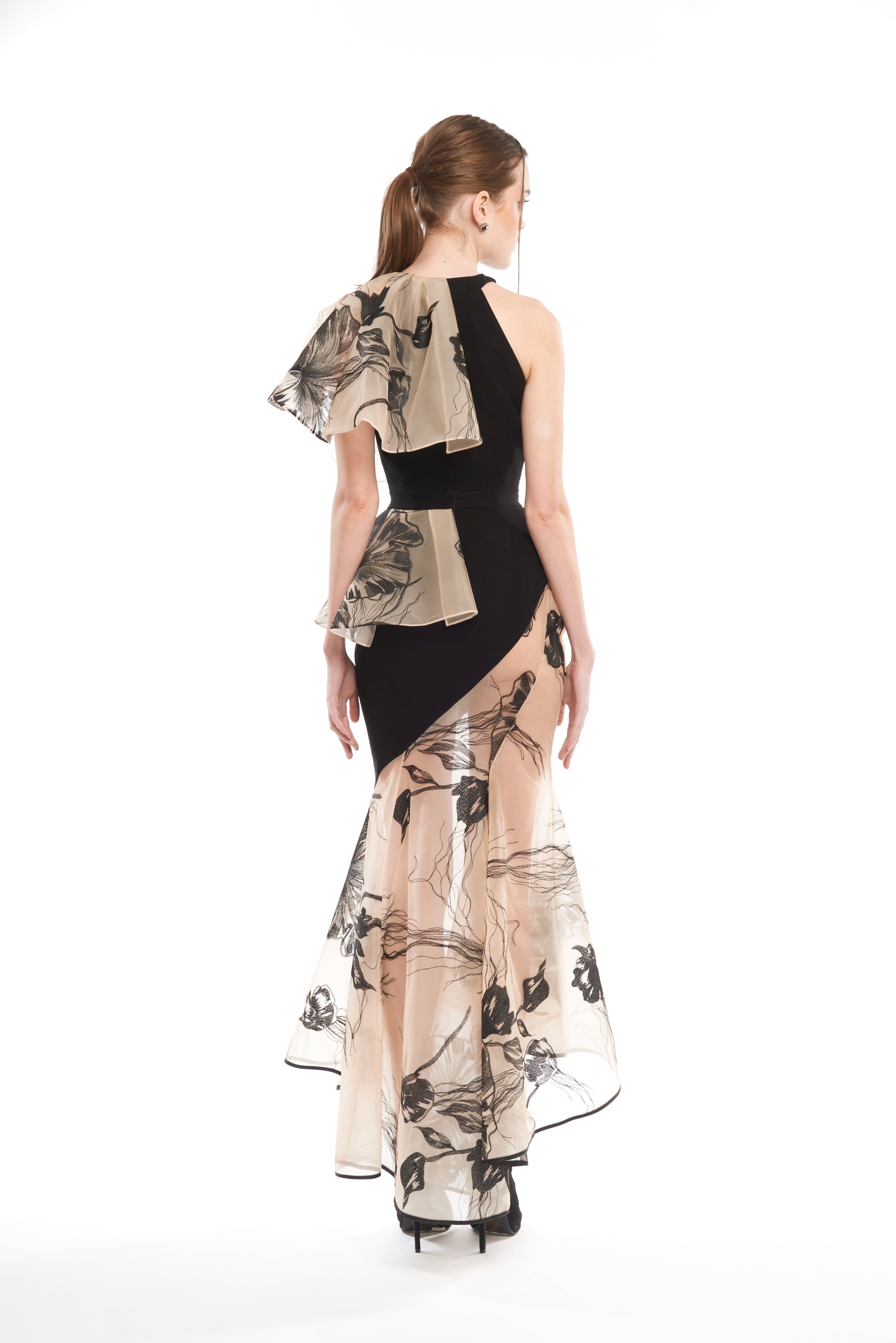 ASYMMETRIC HALTER DRESS WITH SHEER MAXI RUFFLES