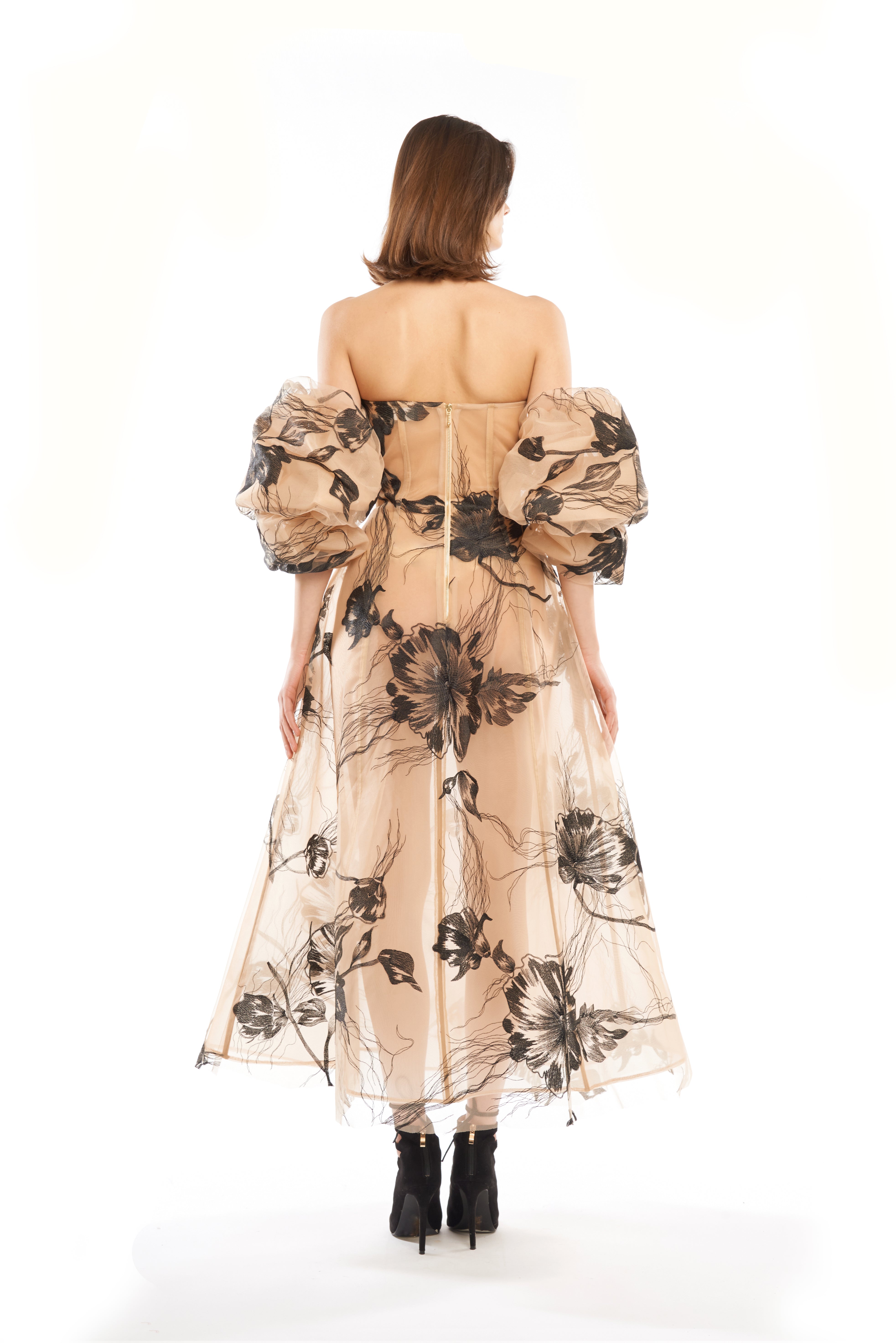 TATTOO MIDI DRESS WITH PUFFY ARMS