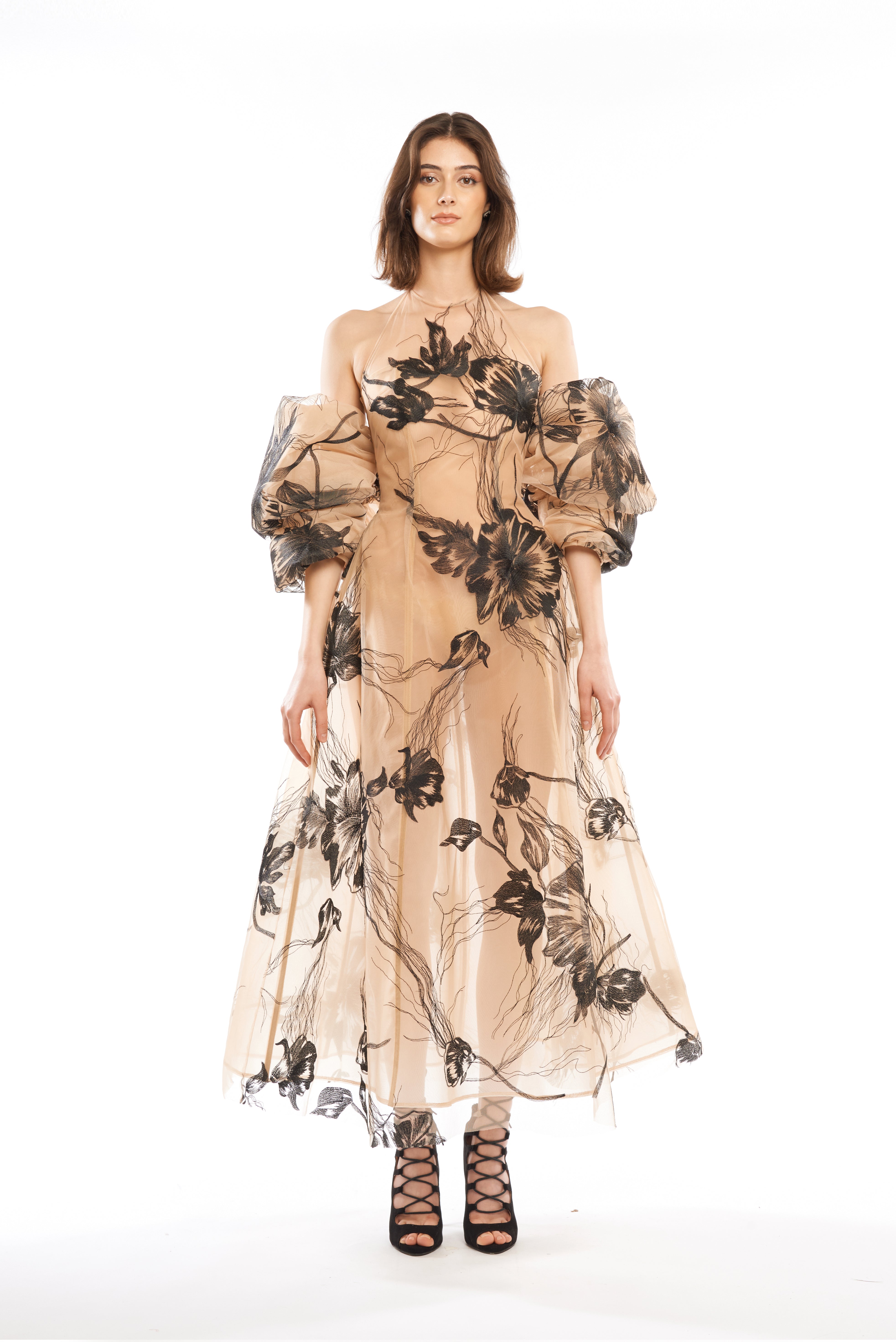 TATTOO MIDI DRESS WITH PUFFY ARMS