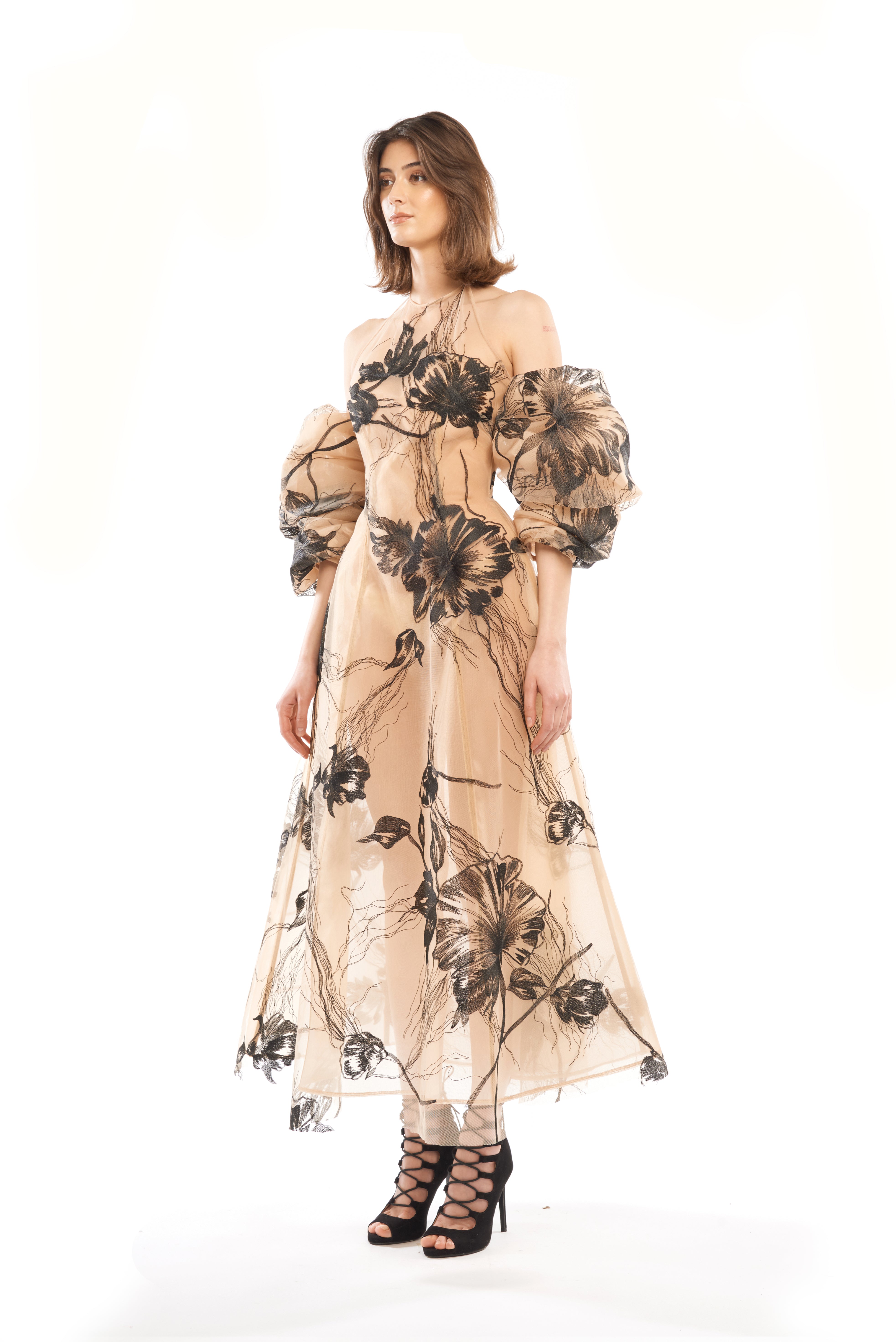 TATTOO MIDI DRESS WITH PUFFY ARMS