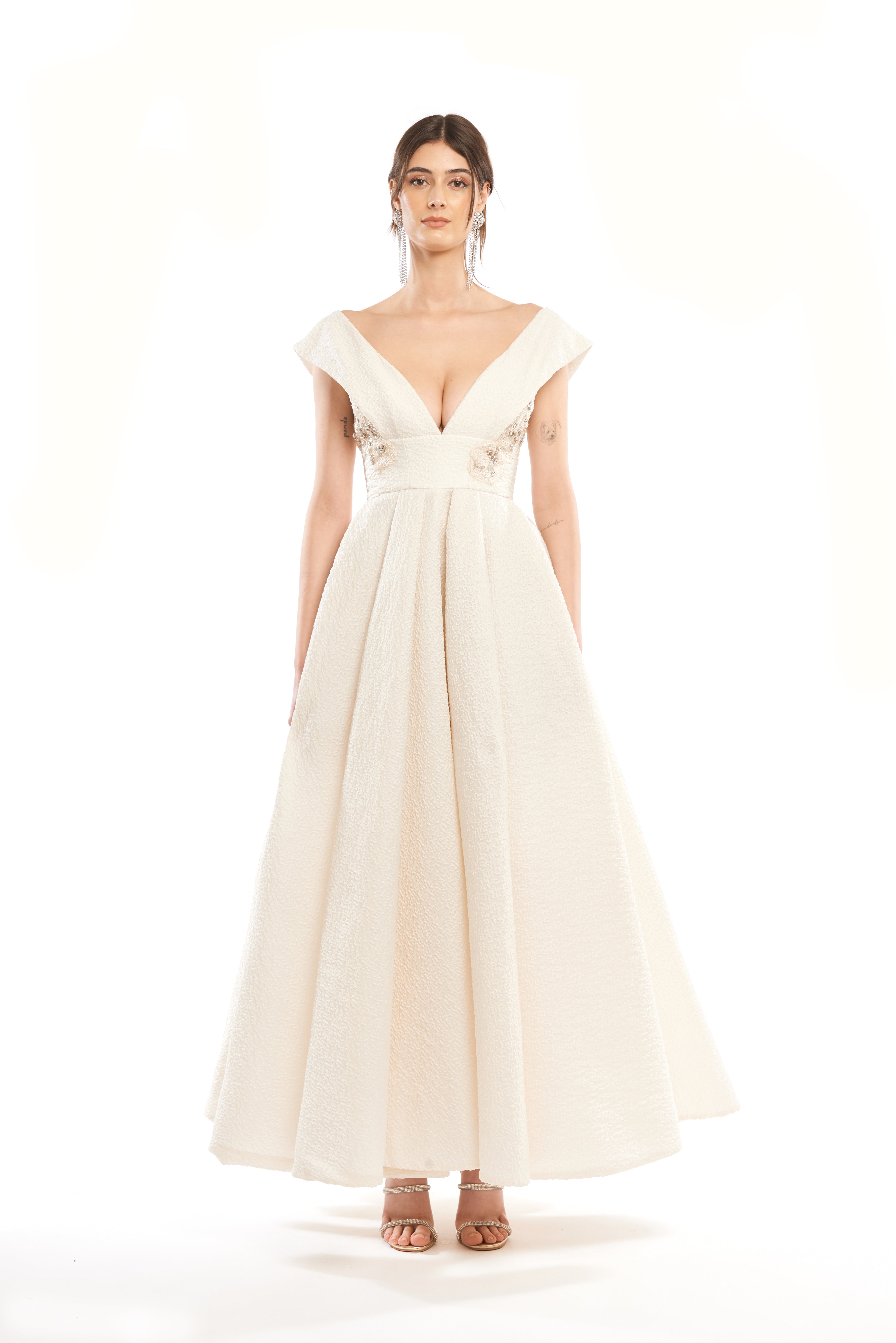 V-NECK BALL GOWN WITH EMBELLISHED CORSET