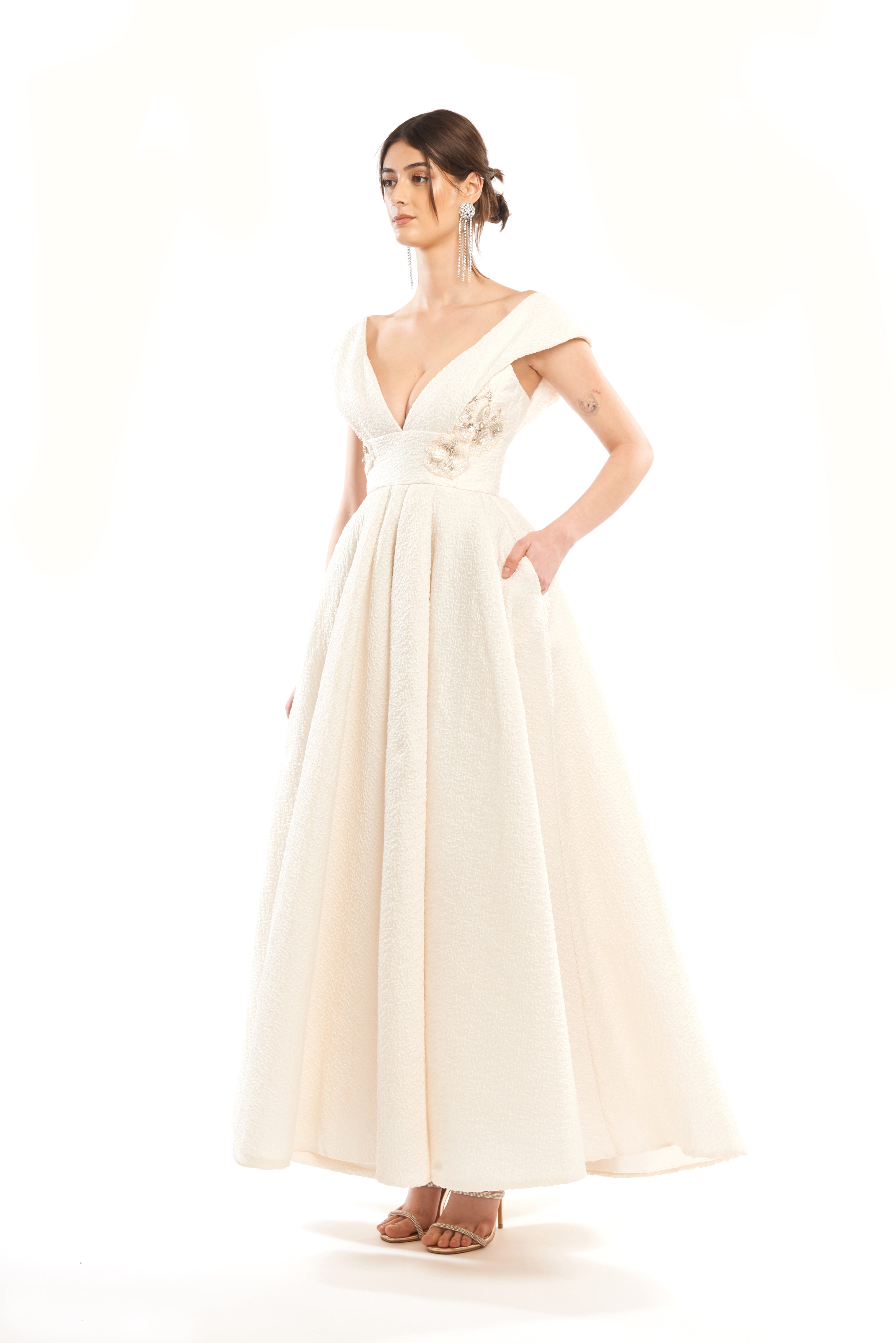 V-NECK BALL GOWN WITH EMBELLISHED CORSET
