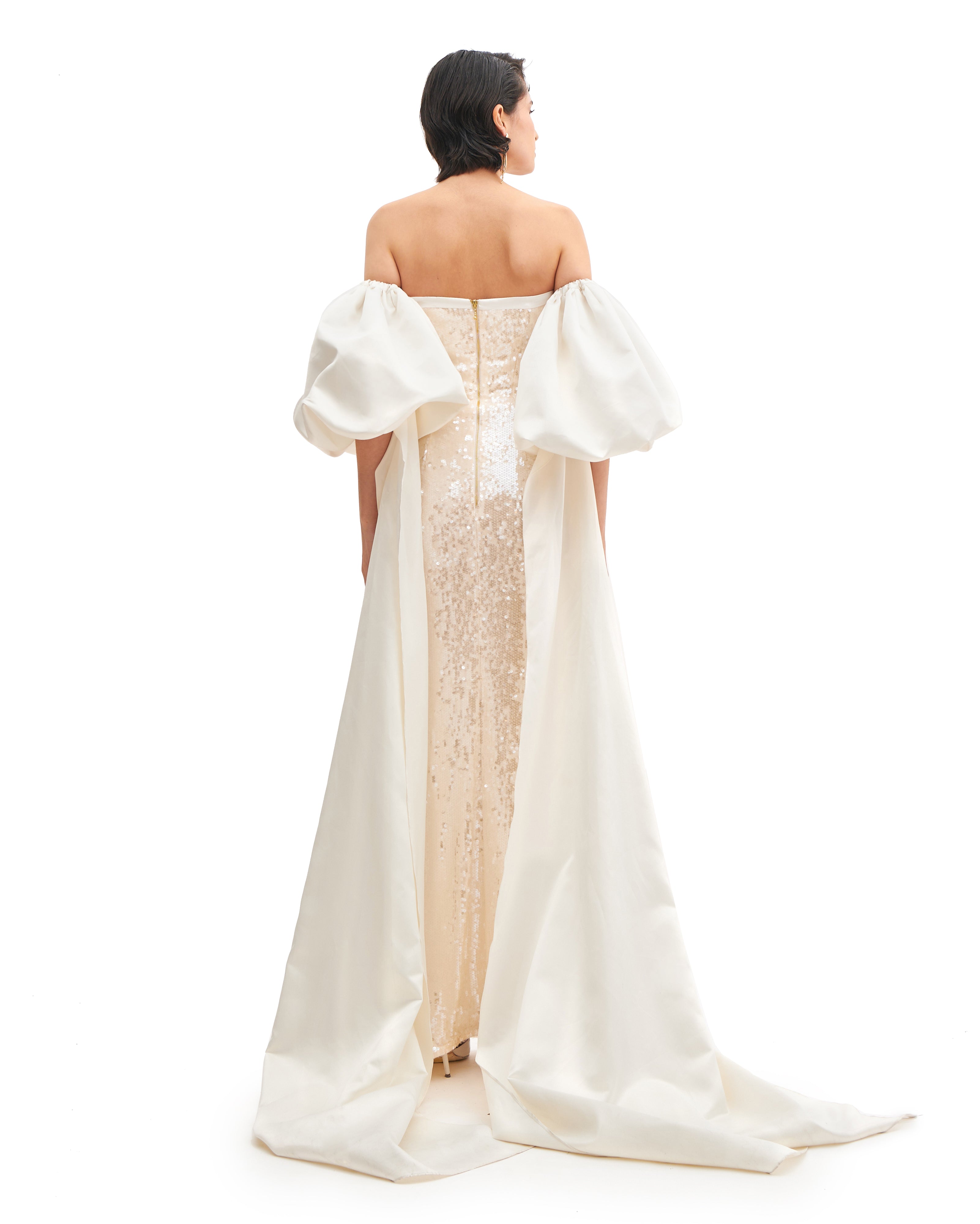 SILHOUETTE DRESS WITH CASCADE SLEEVES
