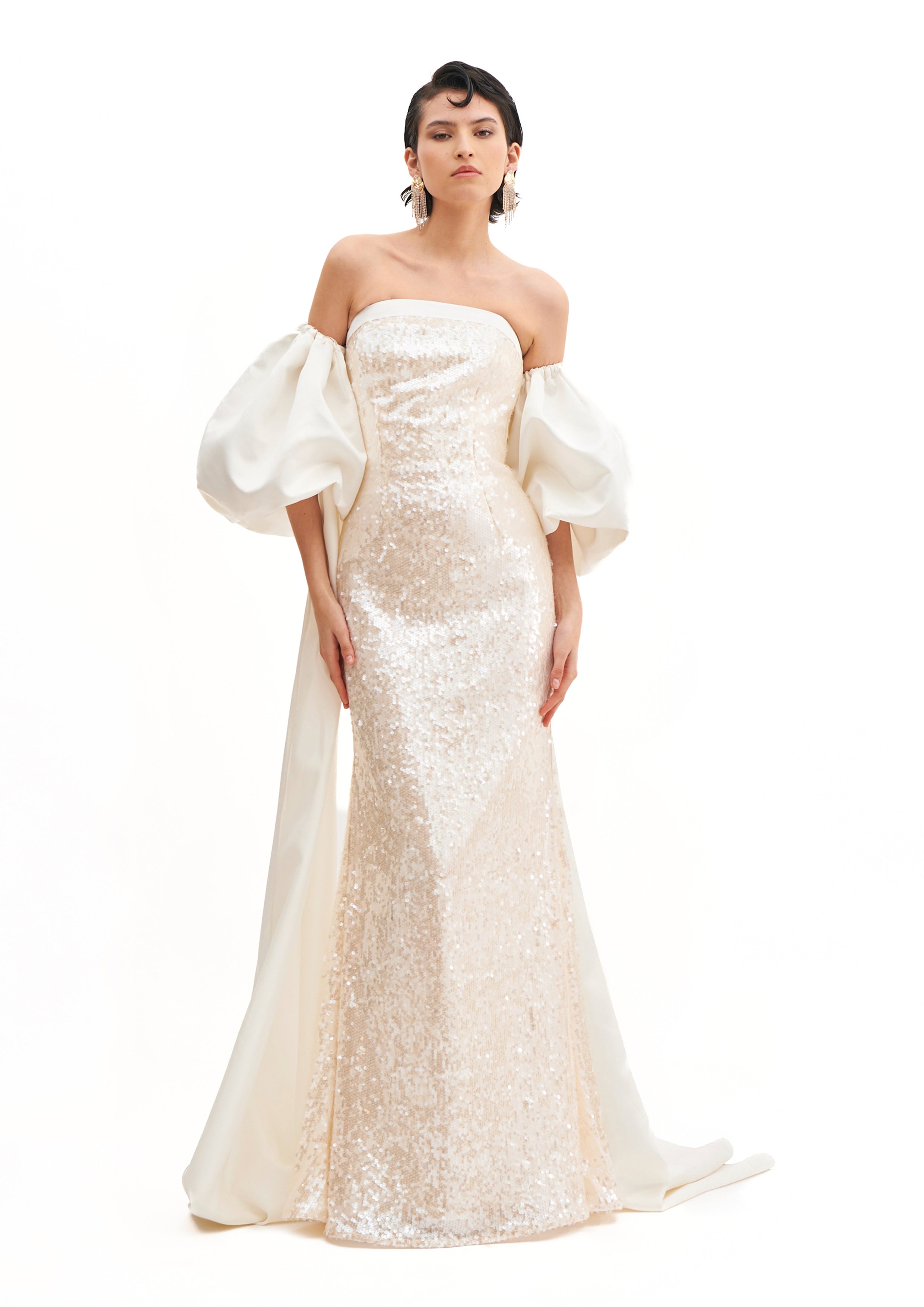 SILHOUETTE DRESS WITH CASCADE SLEEVES