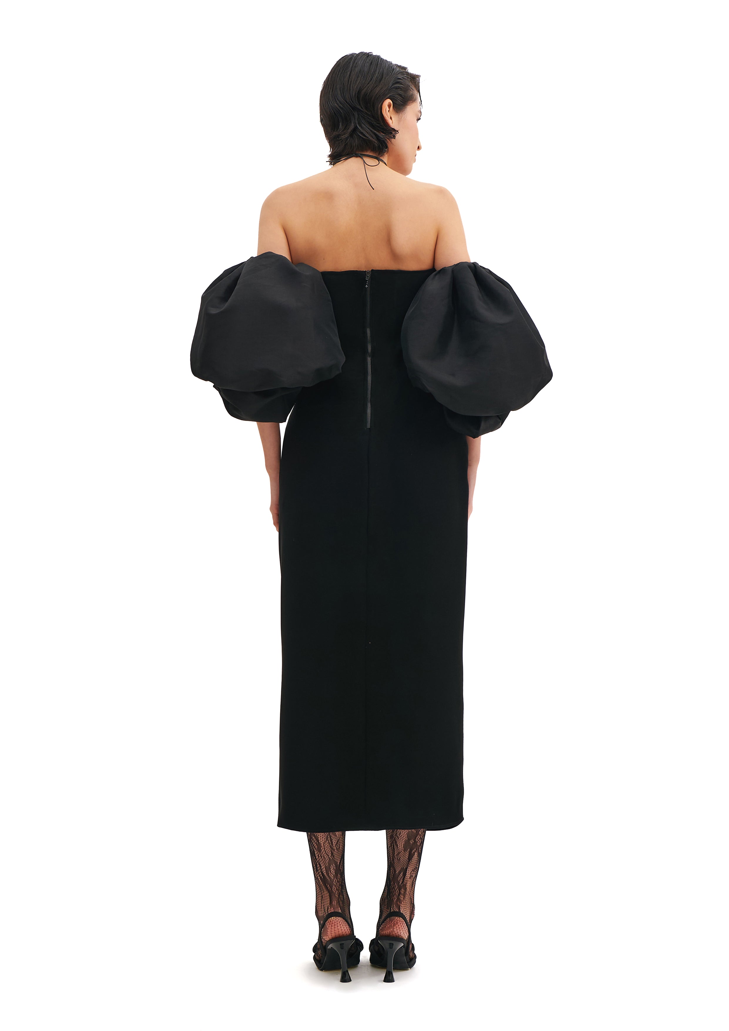 CORSETED TUBE DRESS WITH PUFFY SLEEVES