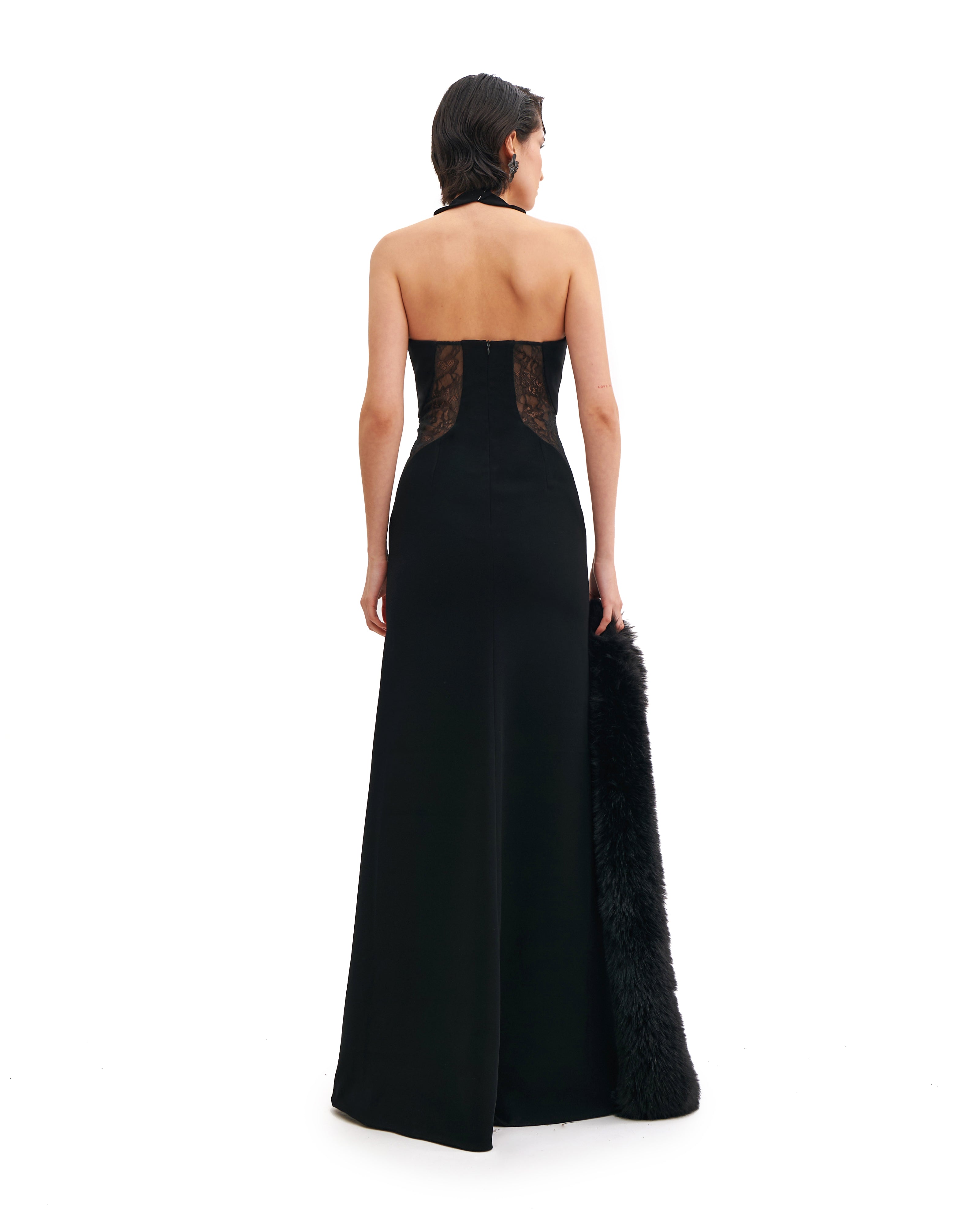 HALTER NECK CRISS-CROSS MAXI DRESS WITH LACE INSERTS