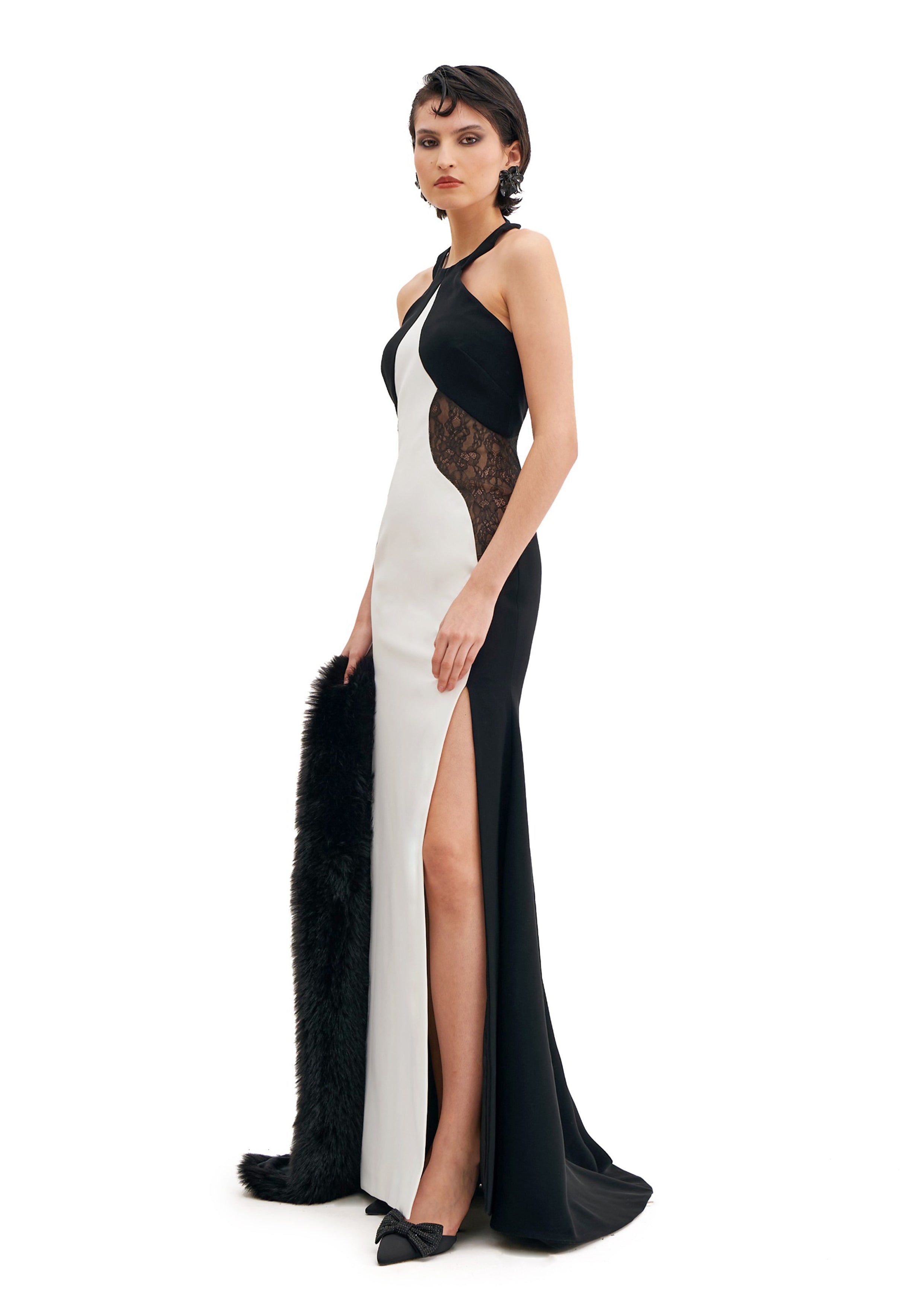 HALTER NECK CRISS-CROSS MAXI DRESS WITH LACE INSERTS