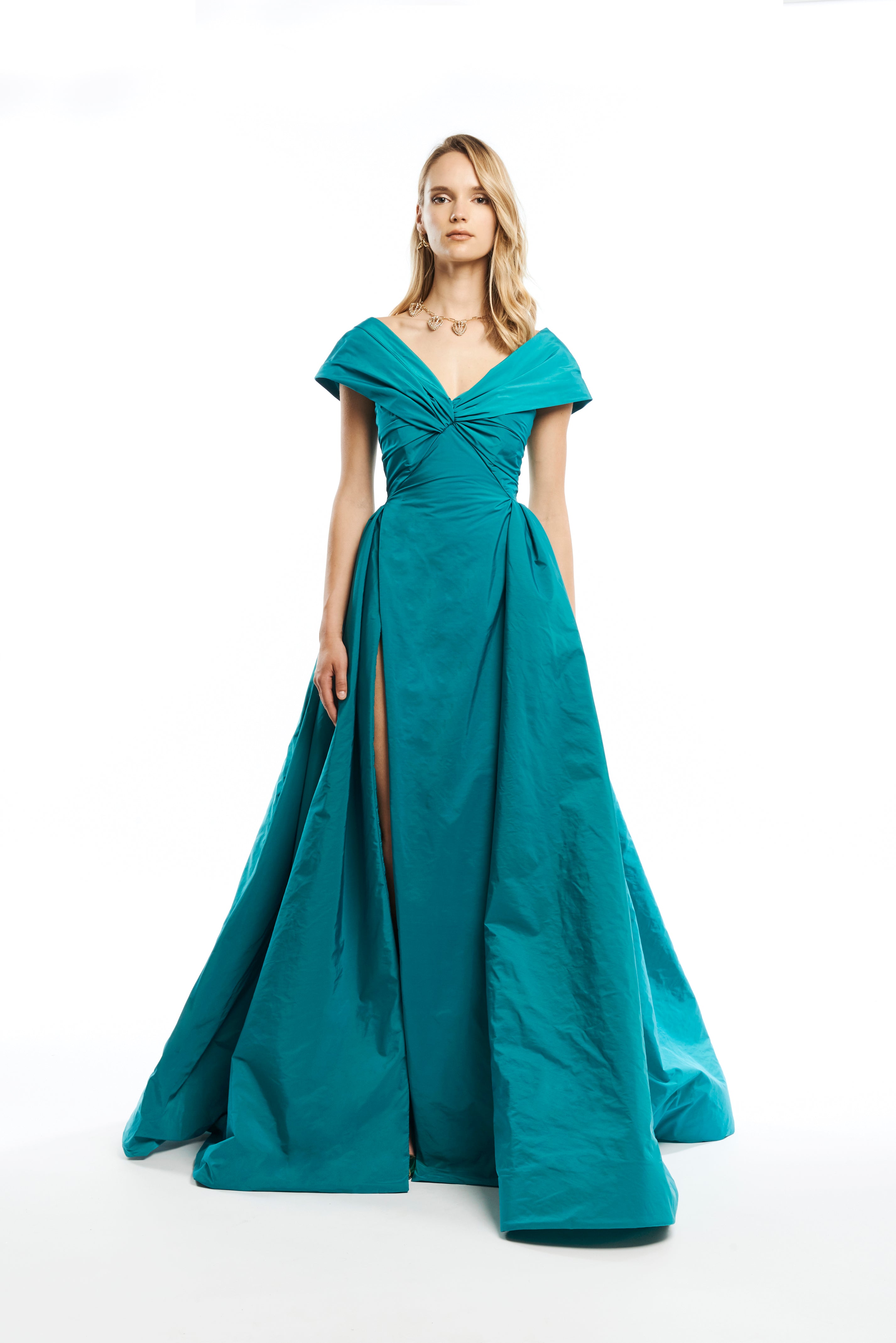 OFF SHOULDER DRAPED GOWN WITH LEG CUT