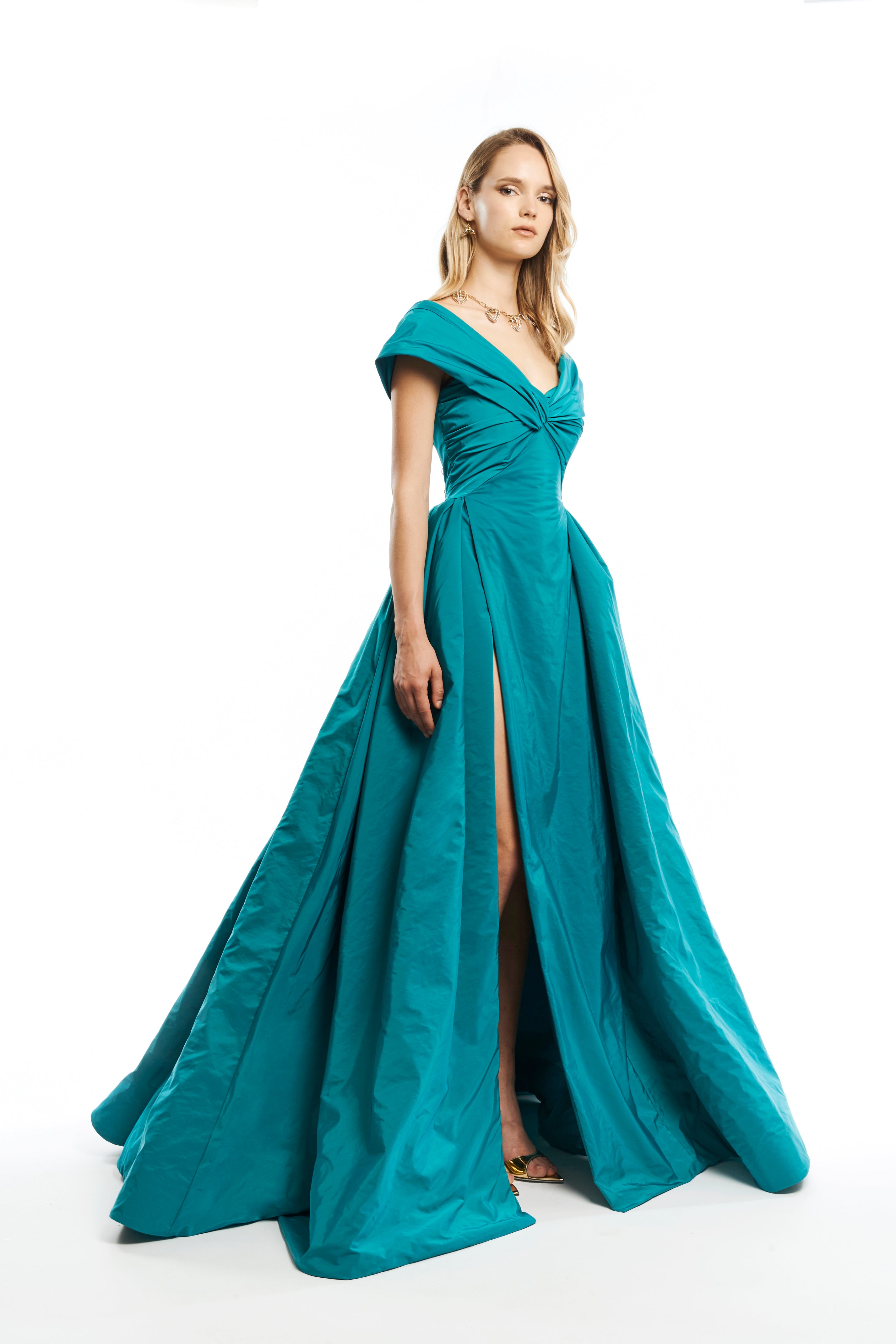 OFF SHOULDER DRAPED GOWN WITH LEG CUT