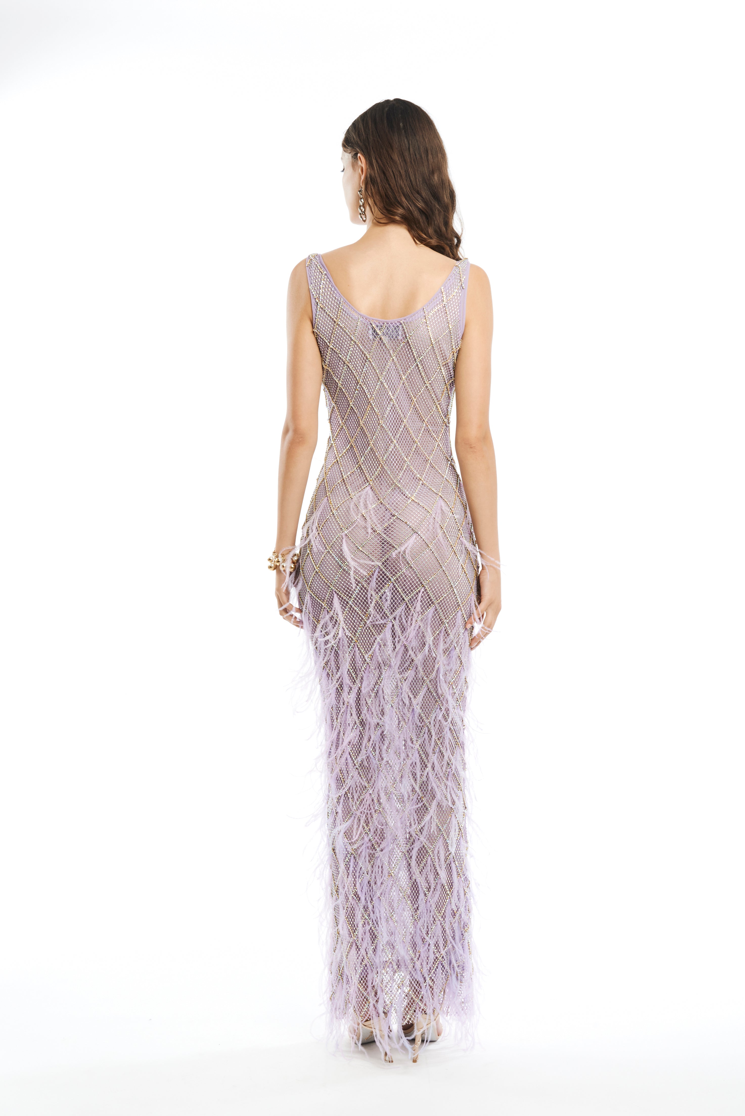 CRYSTAL FEATHERS V-NECK SILHOUETTE MAXI DRESS