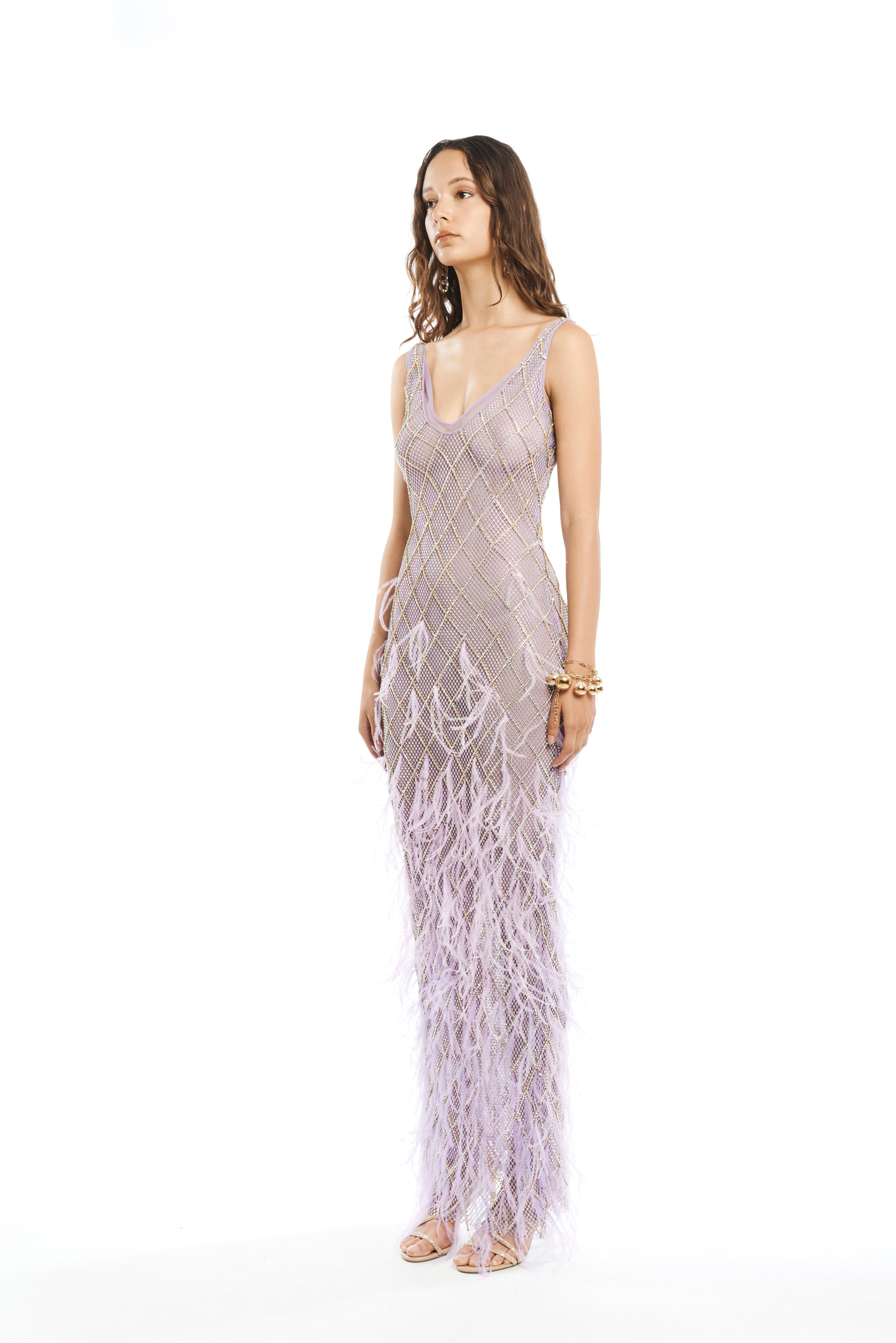 CRYSTAL FEATHERS V-NECK SILHOUETTE MAXI DRESS