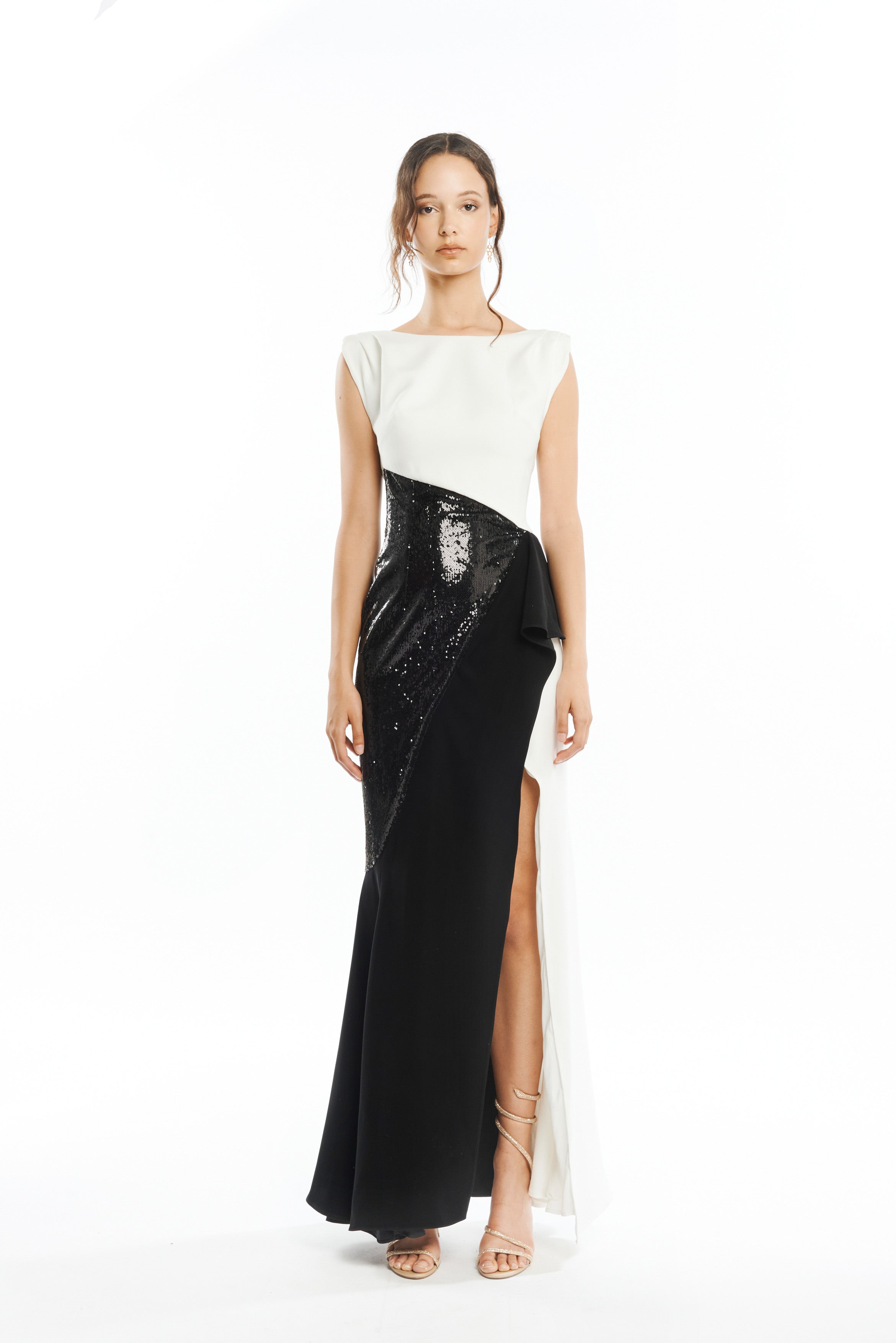 BOAT NECK LONG MAXI DRESS WITH SIDE SLIT