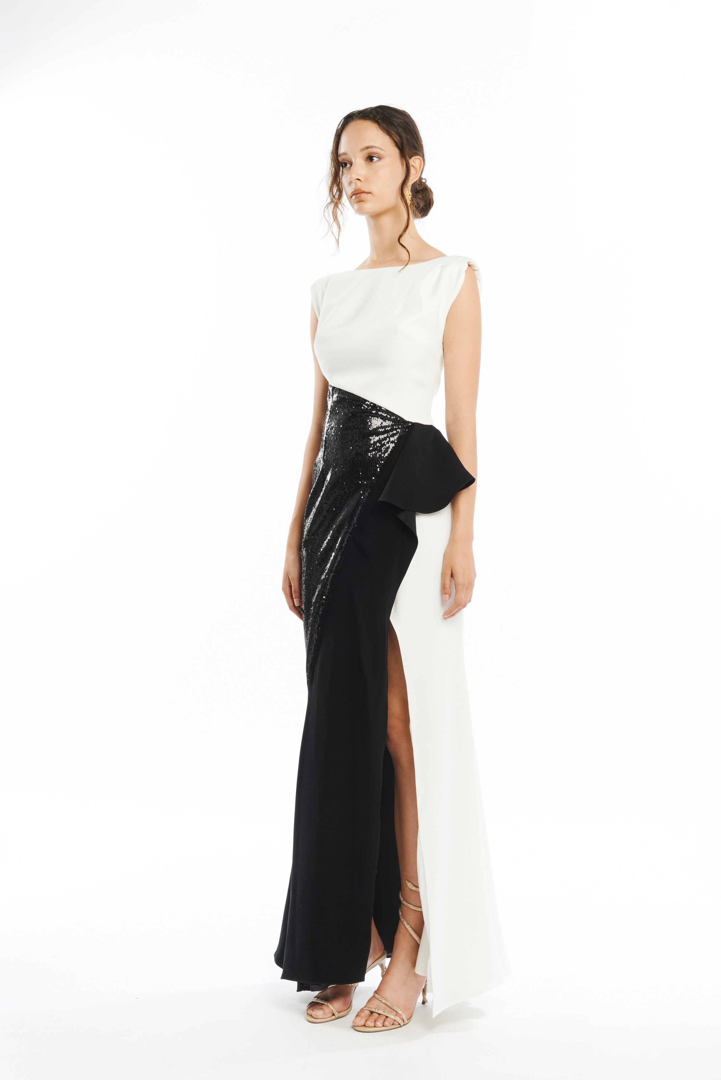 BOAT NECK LONG MAXI DRESS WITH SIDE SLIT