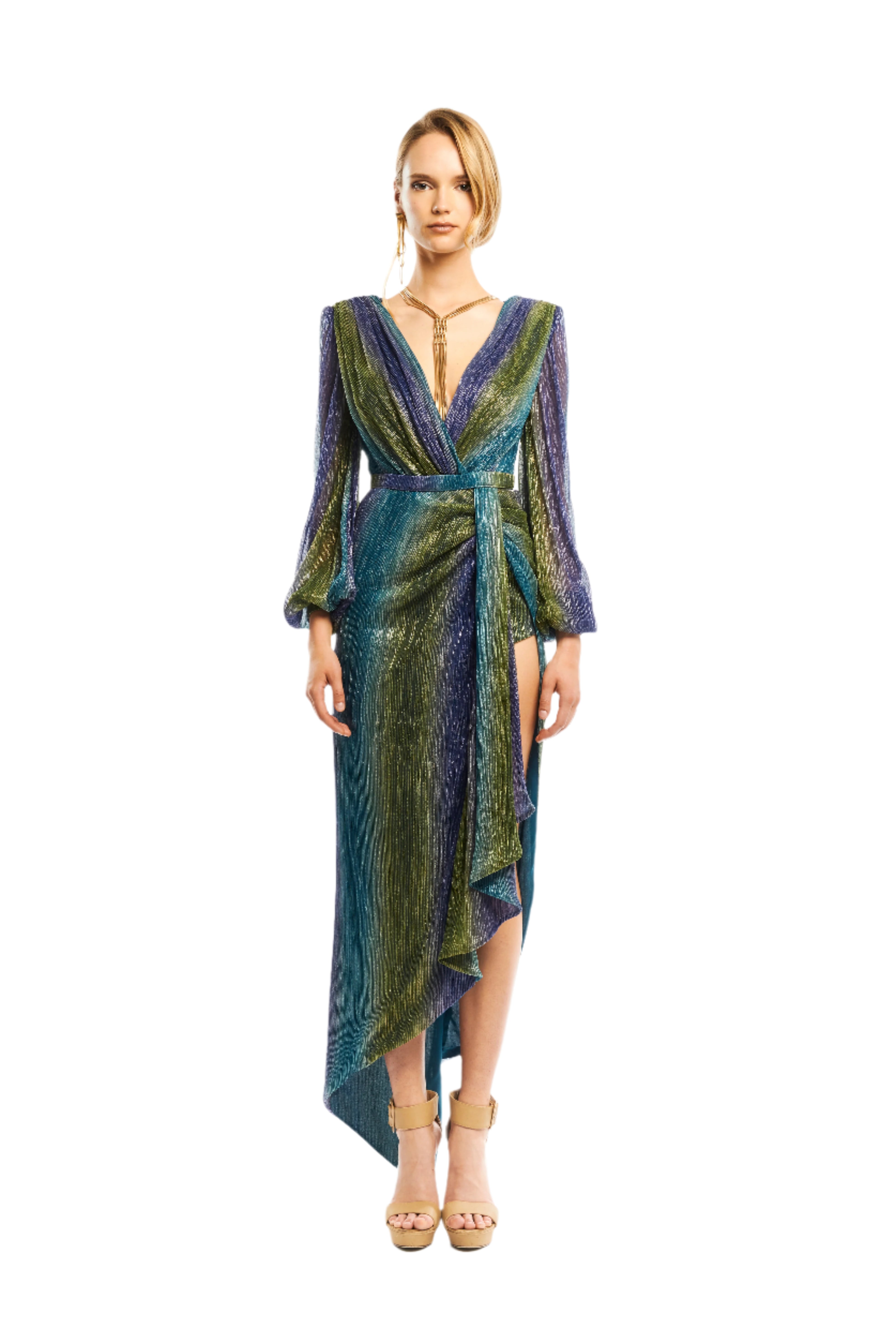 V-NECK MIDI DRESS WITH ASYMMETRIC DRAPED SKIRT