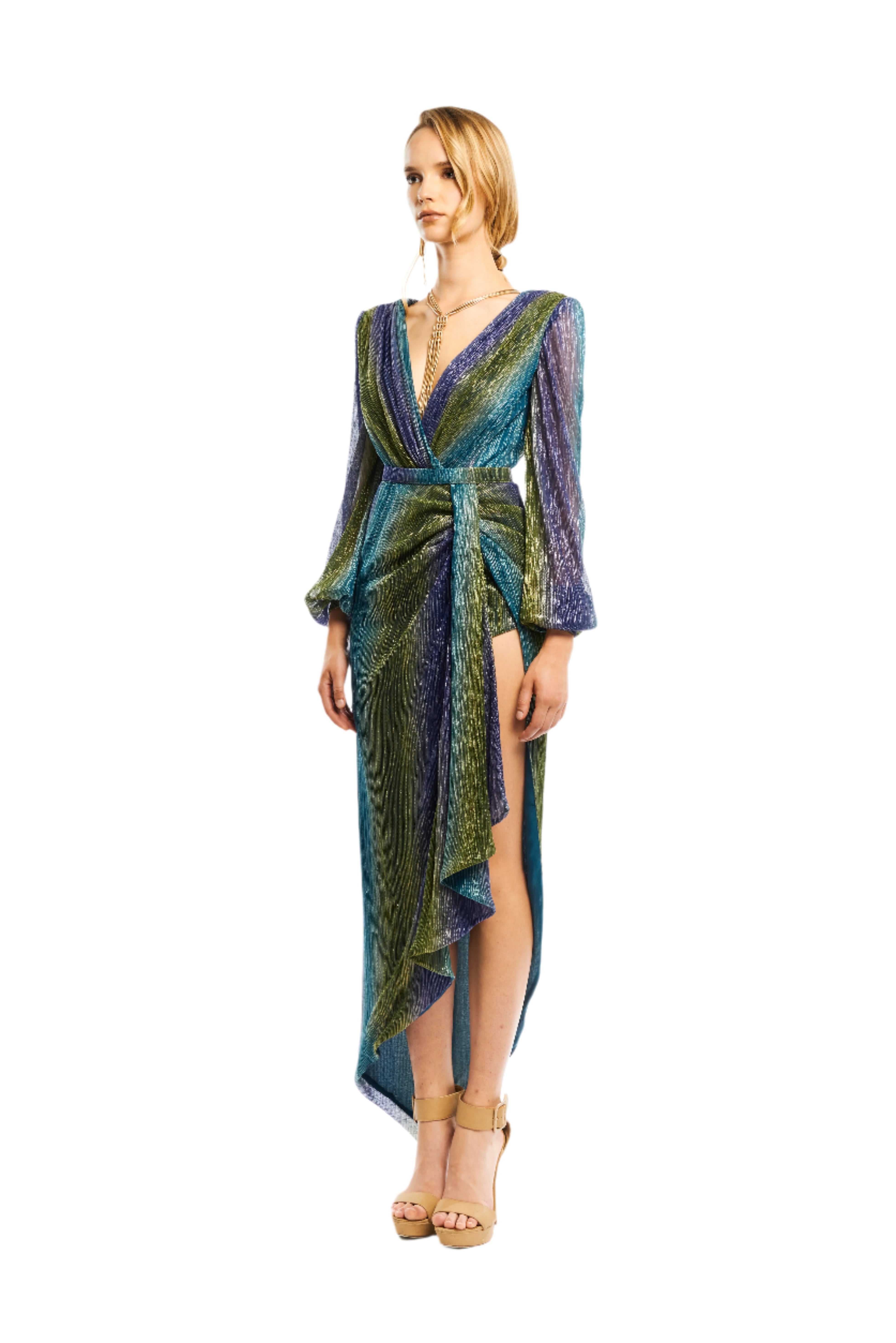 V-NECK MIDI DRESS WITH ASYMMETRIC DRAPED SKIRT