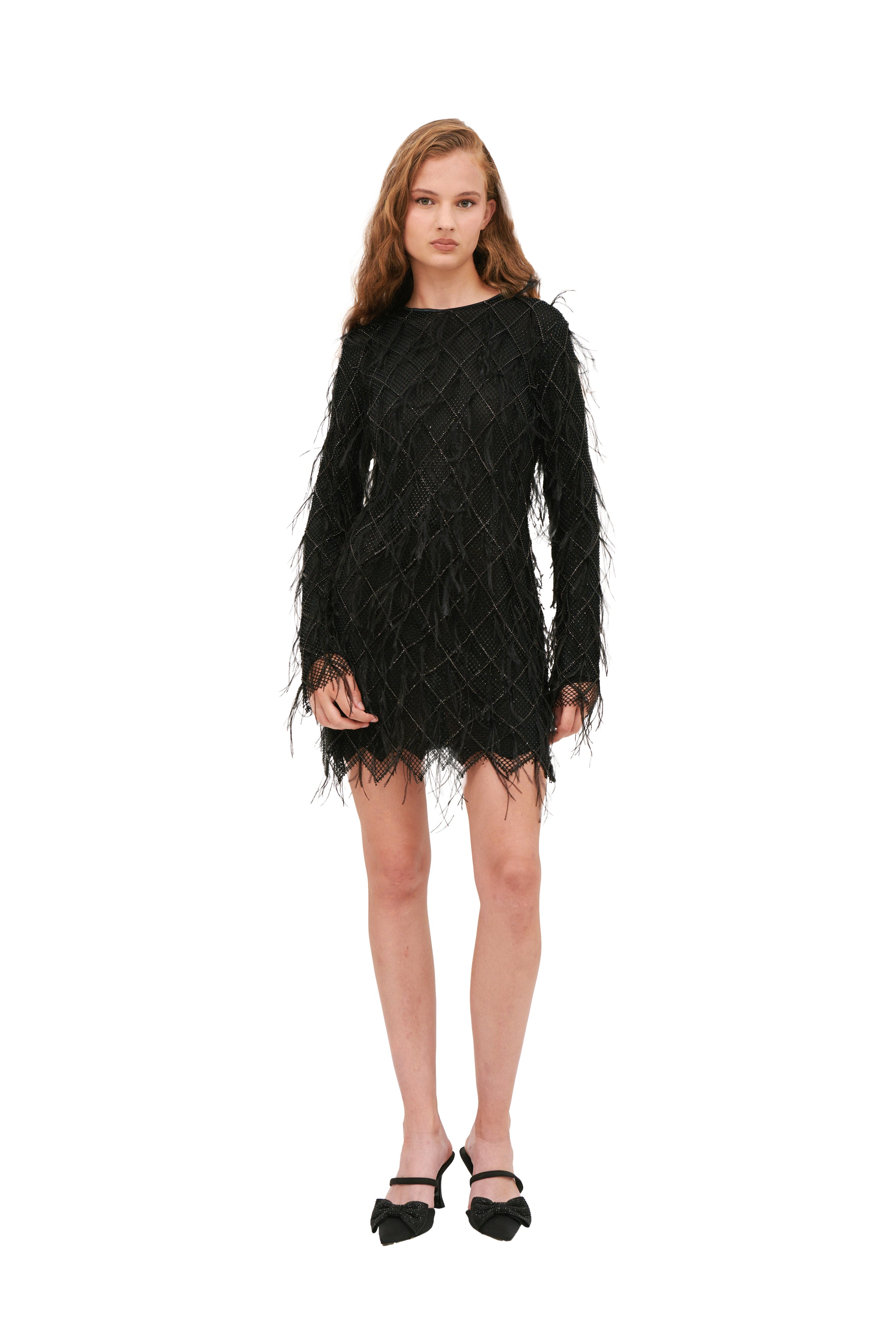 CRYSTAL FEATHERS MINI DRESS WITH SLEEVES