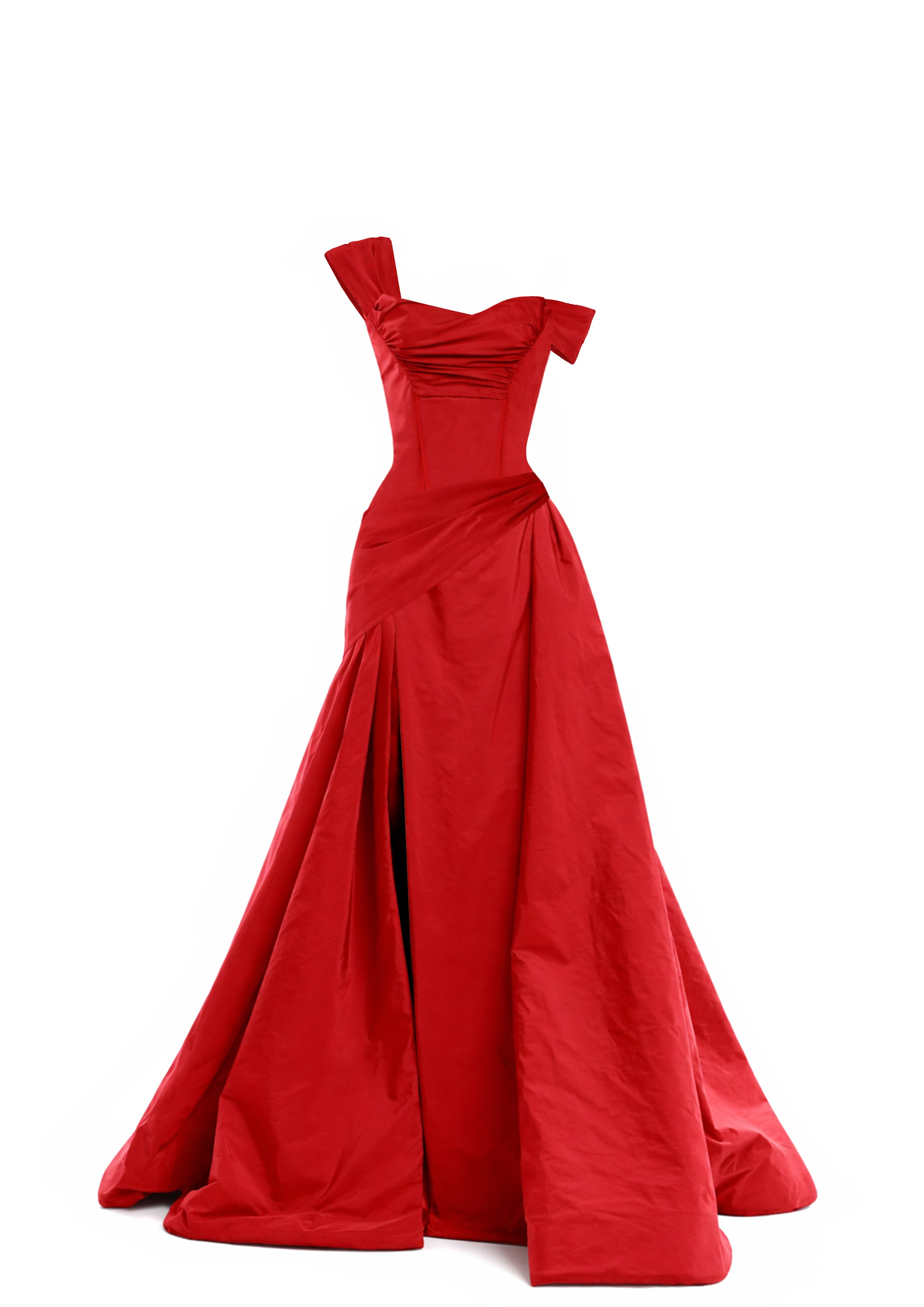 ONE-SHOULDER DRAPED BALL GOWN in vibrant red with elegant draping and a high slit for formal occasions.