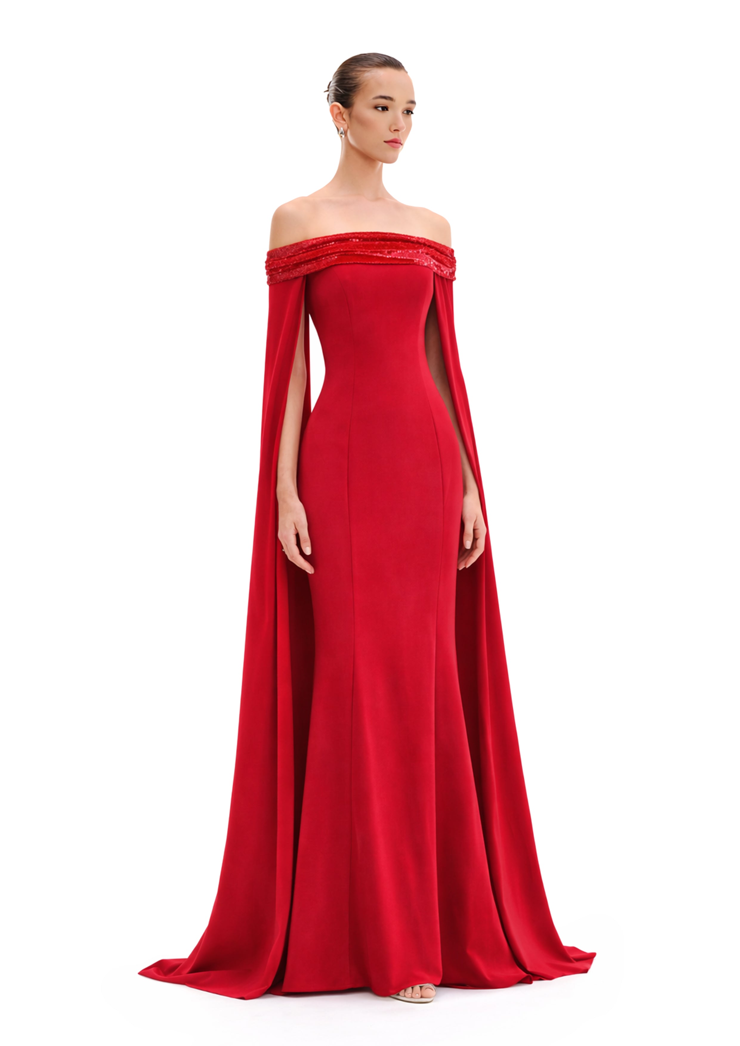 OFF-SHOULDER GOWN WITH CAPE SLEEVES