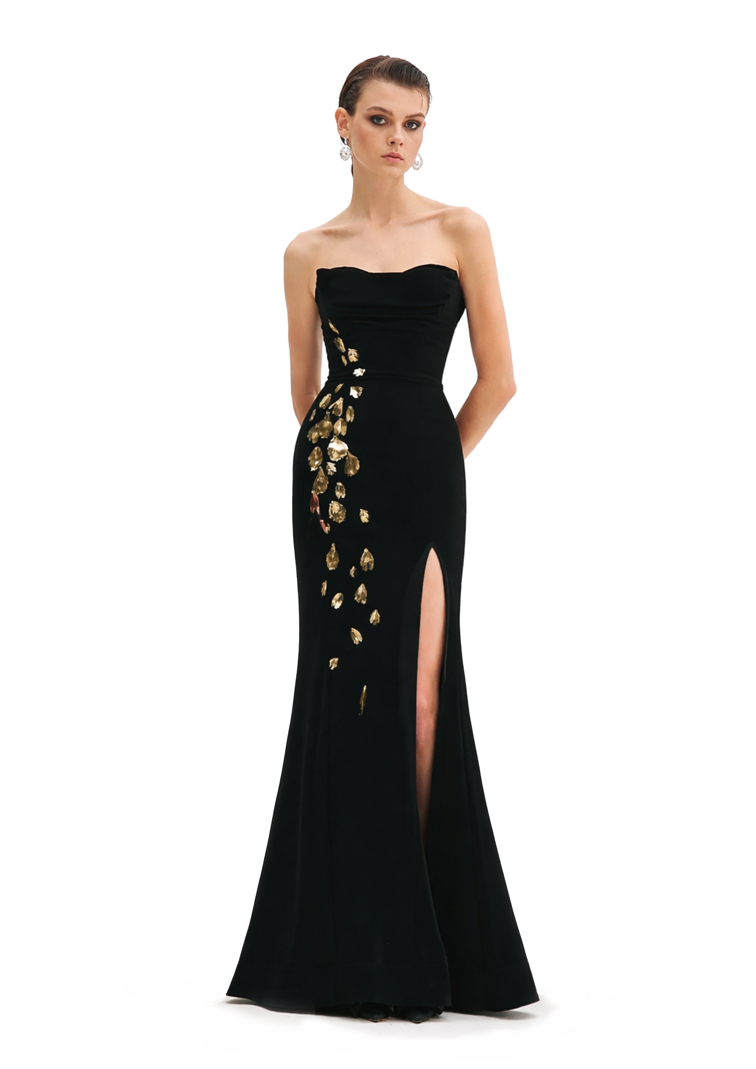 STRAPLESS GOWN WITH GOLD EMBROIDERY