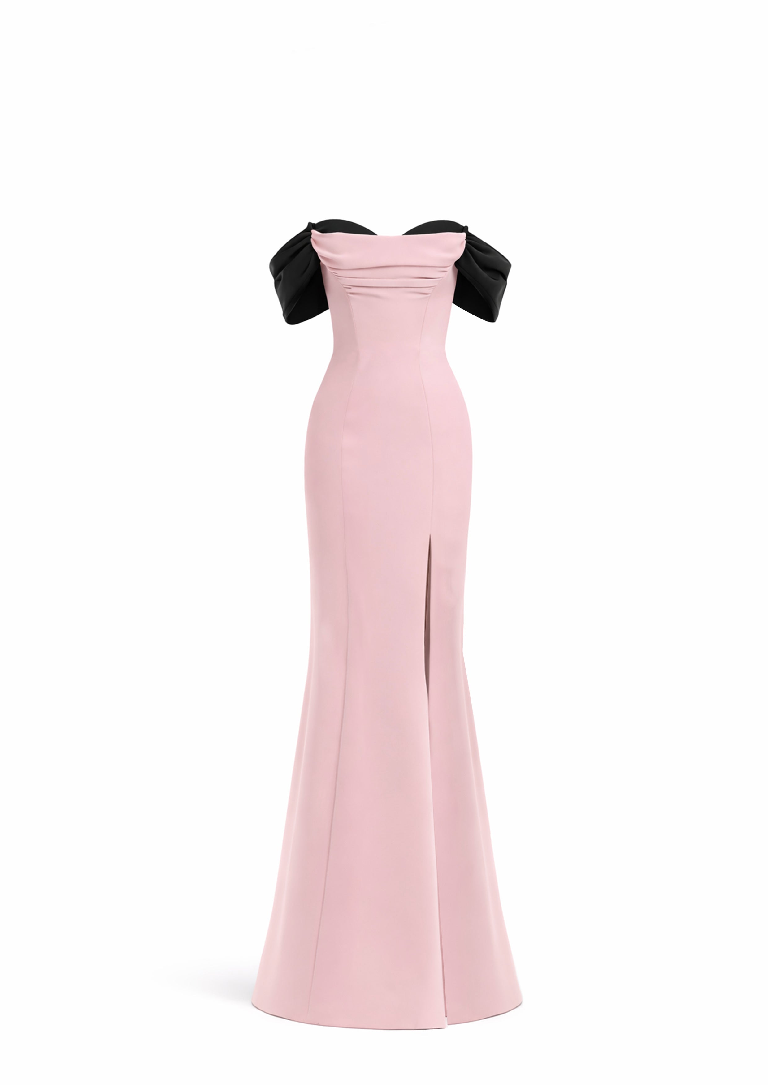 OFF SHOULDER GOWN WITH DRAPED CONTRAST DETAIL