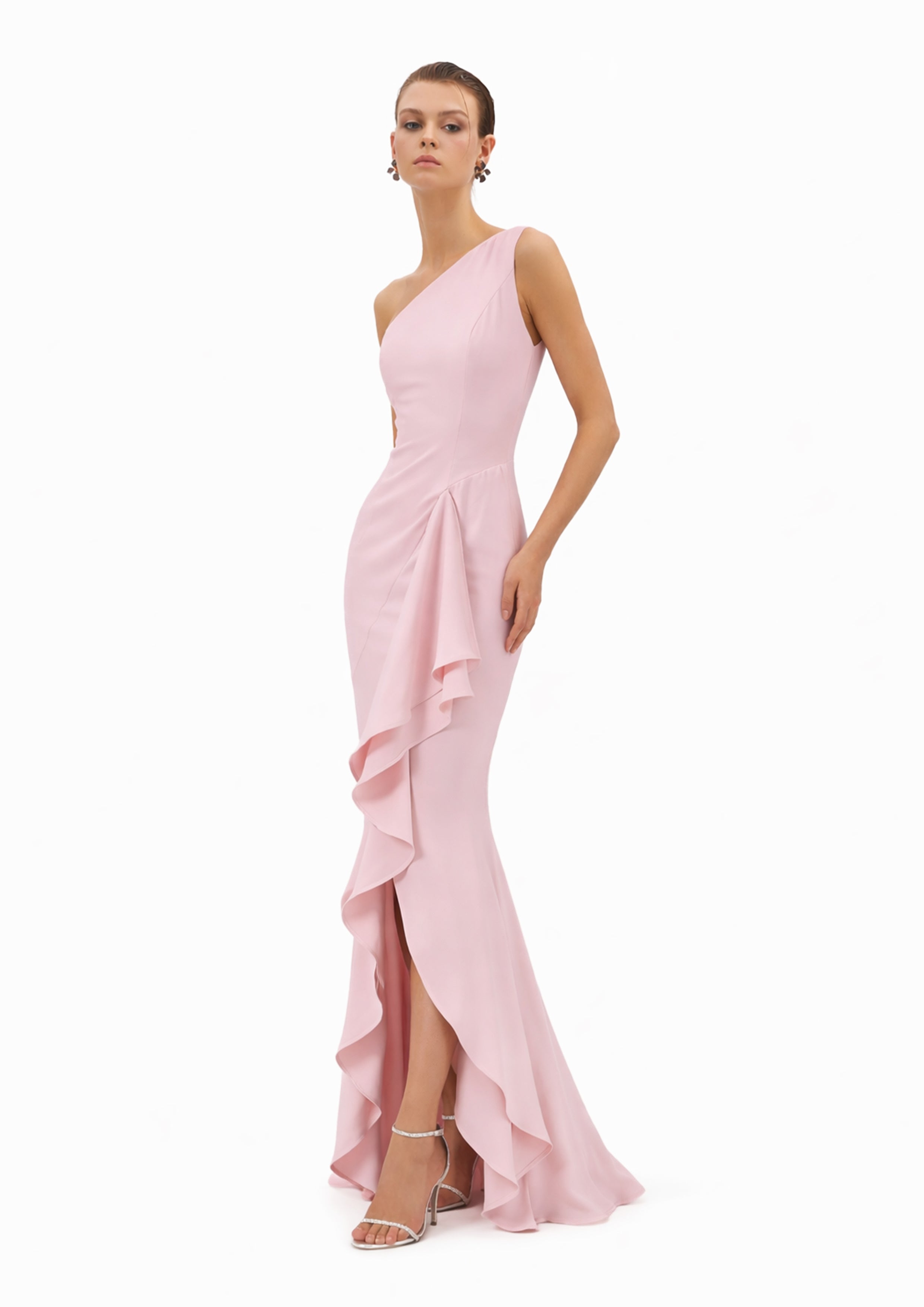 ASYMMETRIC GOWN WITH CASCADING RUFFLE