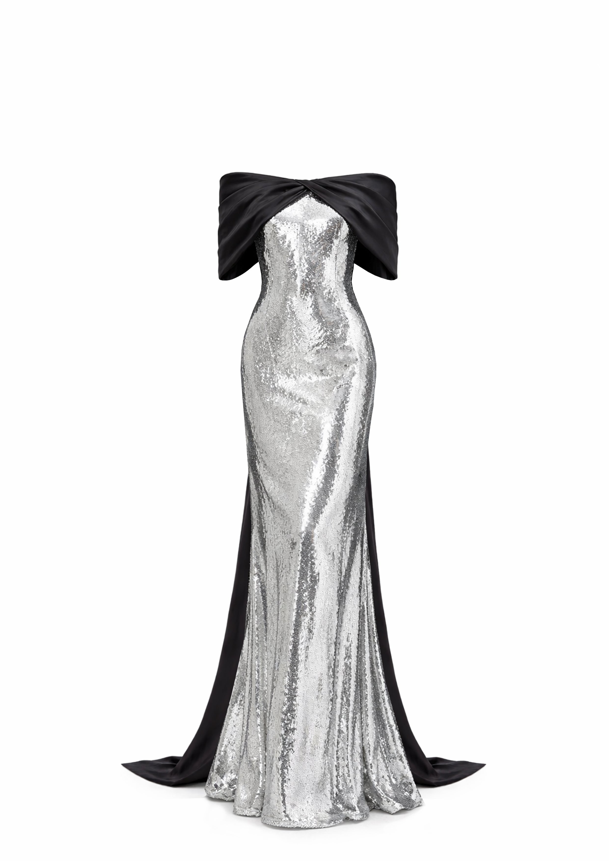 Silver sequin gown with oversized black velvet bow, Avaro Figlio Resort 2026 still life