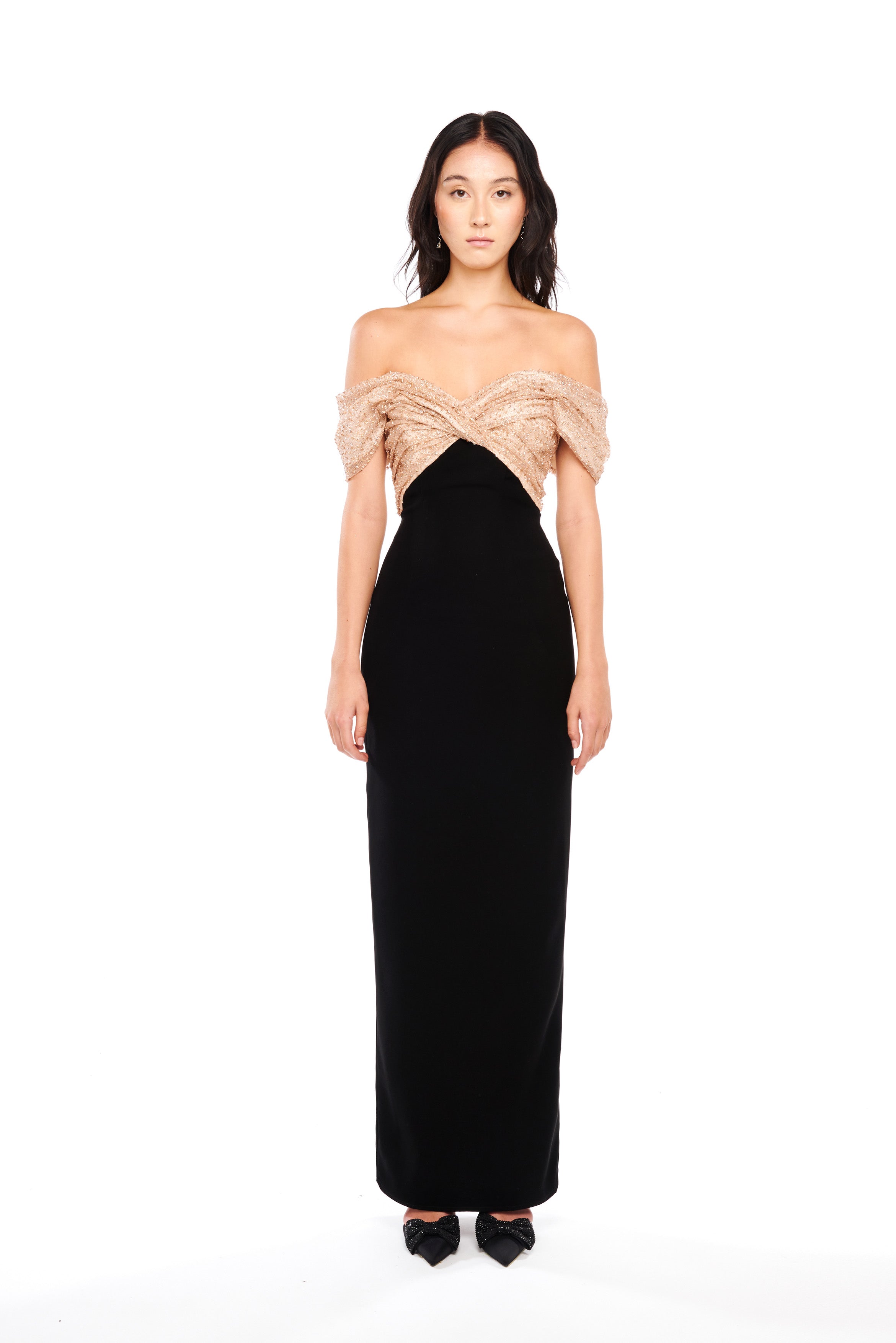 OFF-SHOULDER DRAPED COLUMN DRESS