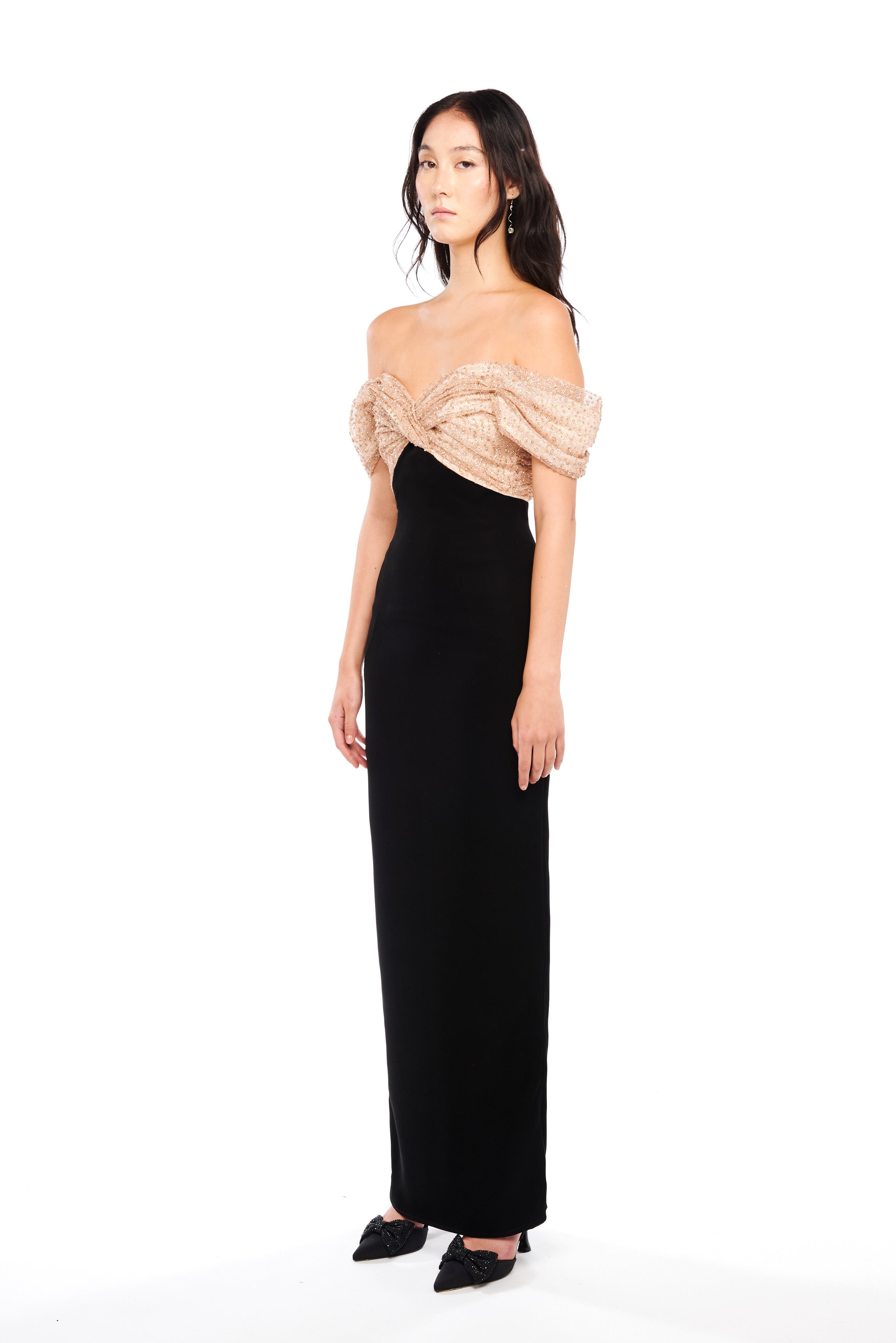 OFF-SHOULDER DRAPED COLUMN DRESS