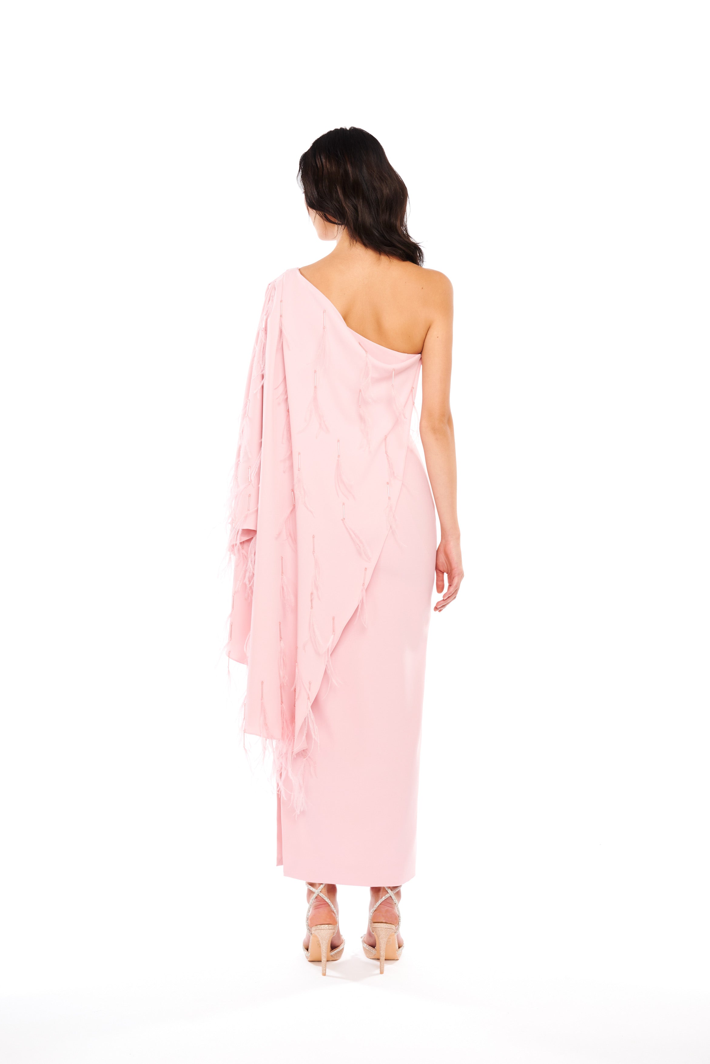FEATHER EMBELLISHED MANTELLA MIDI-DRESS