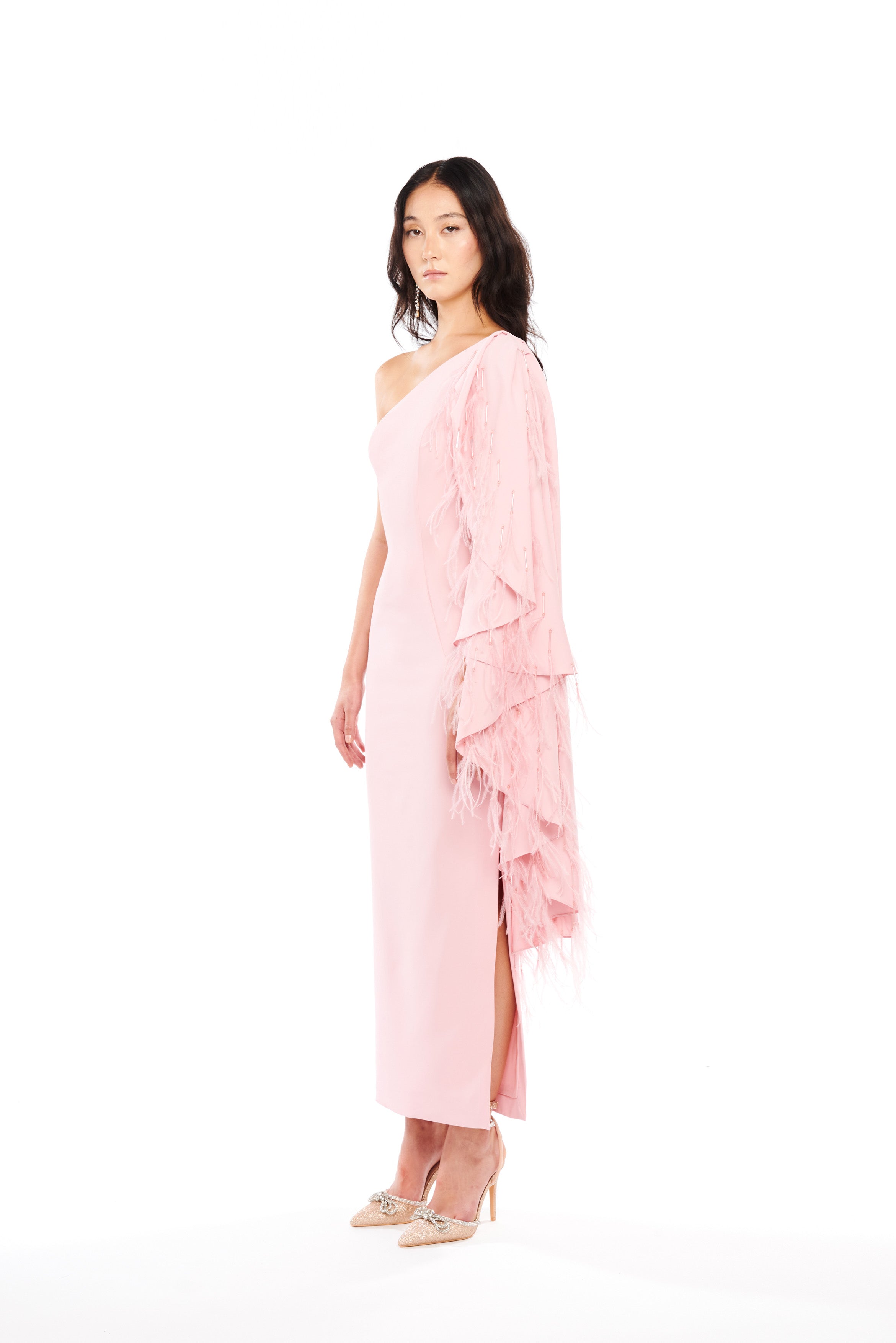 FEATHER EMBELLISHED MANTELLA MIDI-DRESS